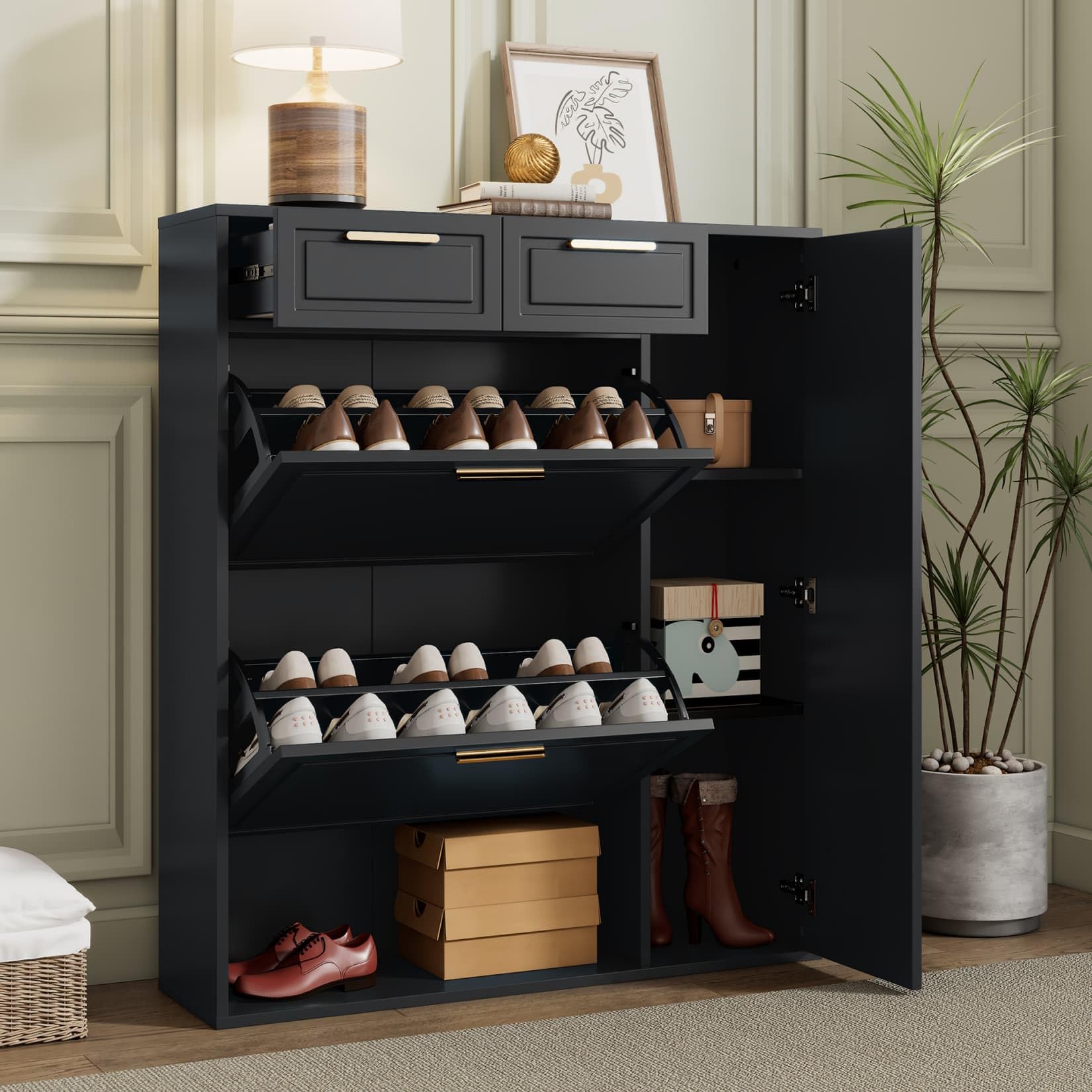 PUGSDRLY Meuble à Chaussures Mince avec 2 Tiroirs à Double Couche Réversibles,Étagères Réglables,2 Tiroirs,Rangement Etagere Chaussure pour Entrée,Dressing Chambre(F, Noir)