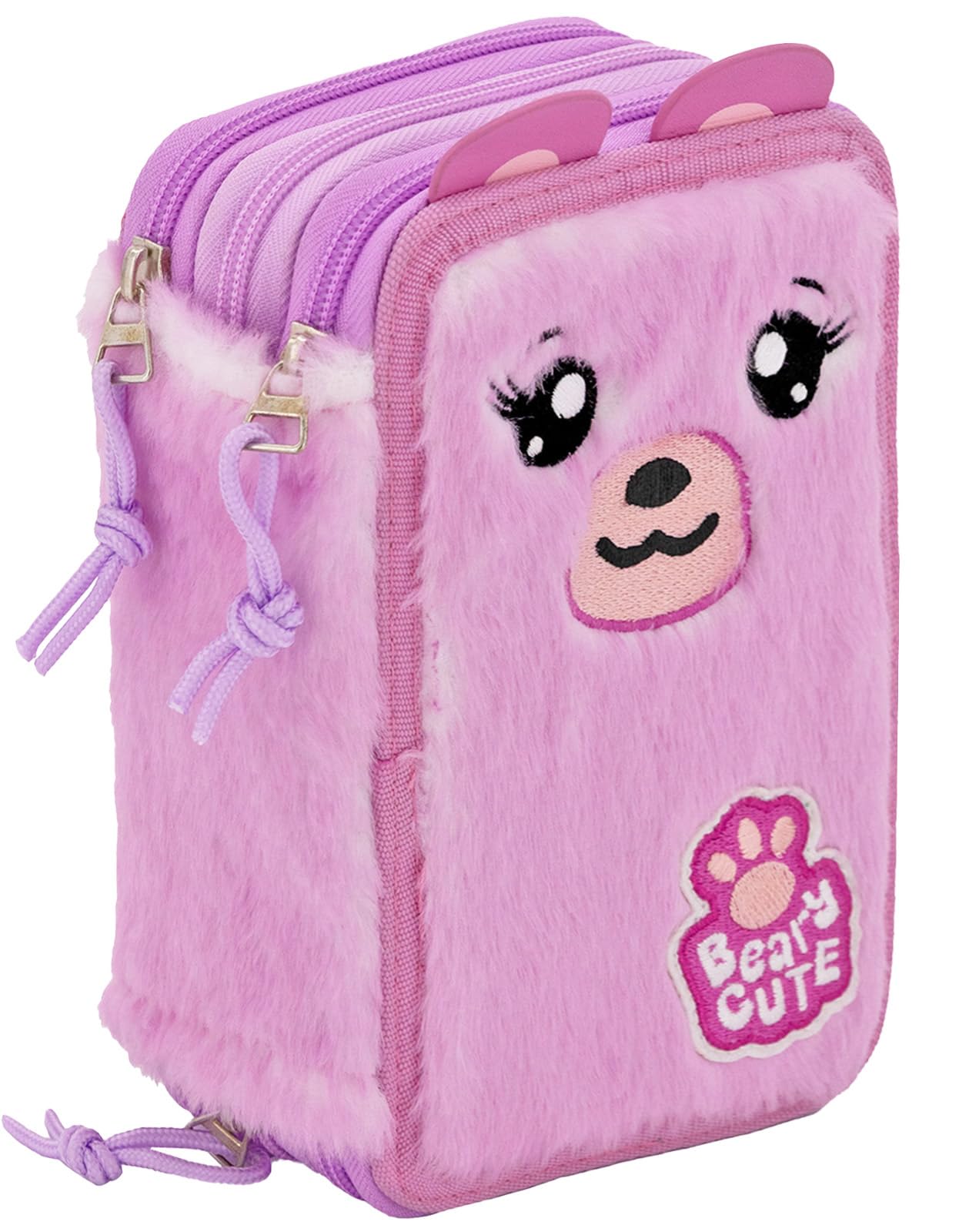 Julian Ross Astuccio 3 Scomparti Fluffy 45 Pezzi, Penne Gel Cancellabili, Colla, Forbici, Pastelli 4.0, 3 Zip, Bambina, Scuola, Orsetto Rosa
