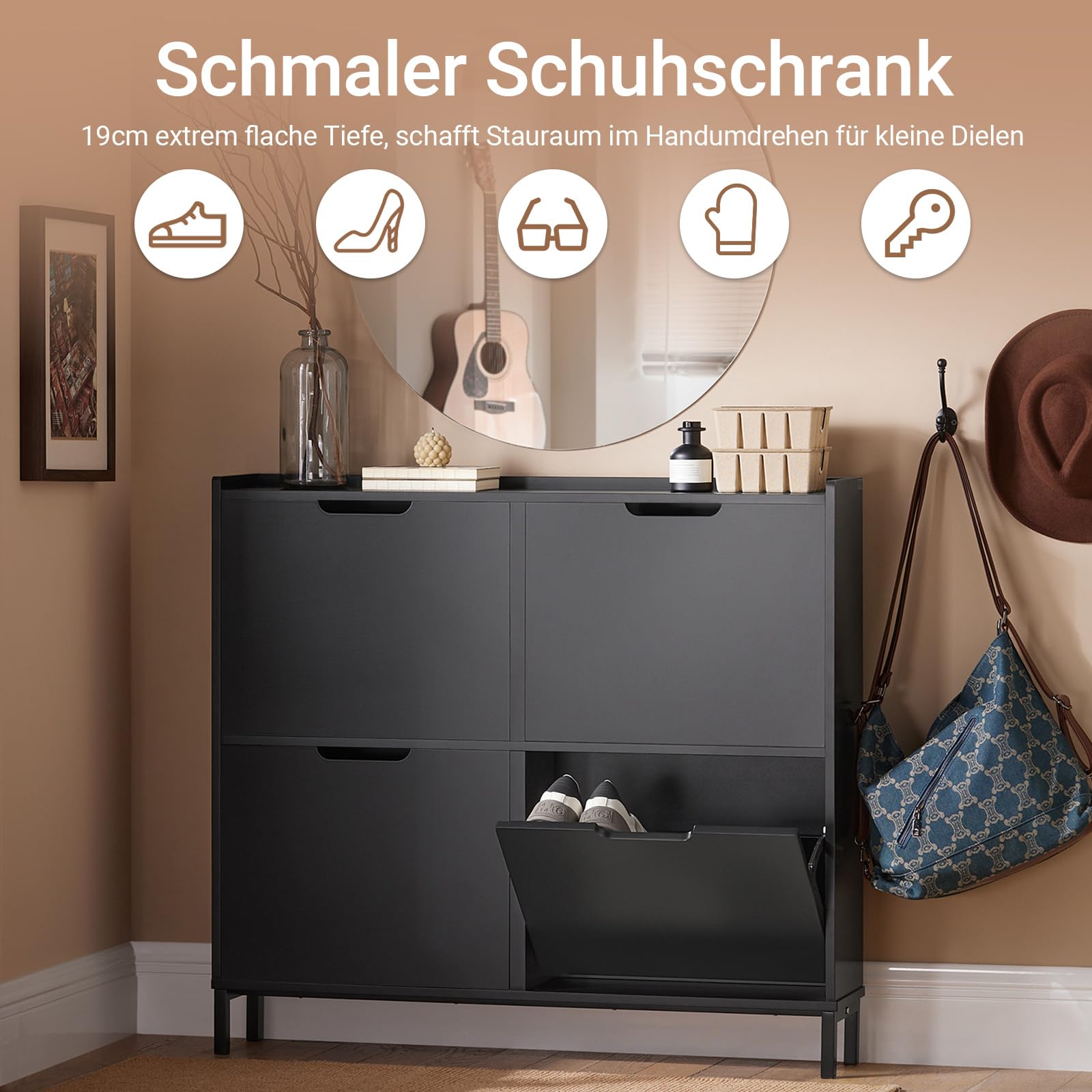 SoBuy Schuhschrank Schmal mit 4 Klappen - Platzsparender Schuhkipper für Kleine Wohnungen, Enge Flure & Durchgänge, Flurschrank für Familien mit Kindern, Designliebhaber 100x91x19cm Schwarz FSR100-SCH