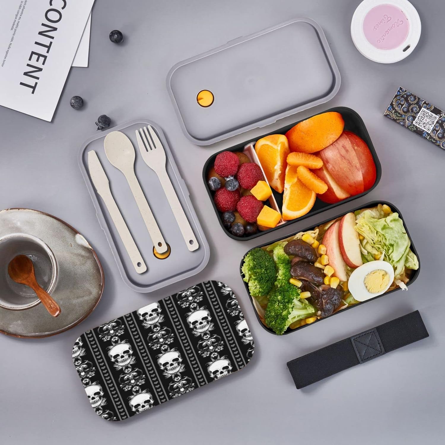 allgobee Large Bento Box Baroque-Skull-Stripe-Gothic-Black Lunch Box With Cutlery Set 40oz Japanese Bento Box: Home & Kitchen