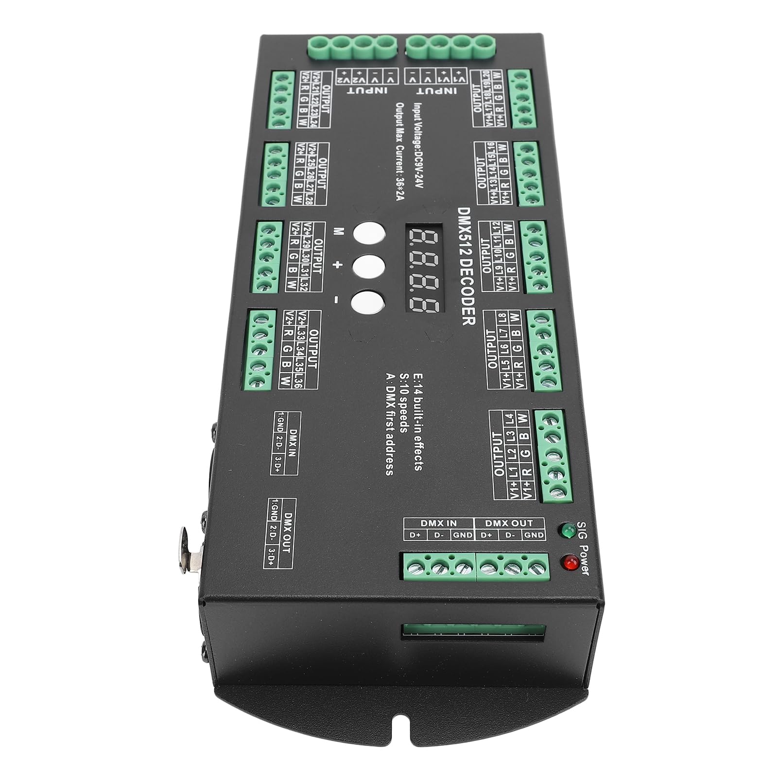 Focket Kontroler DMX, Dekoder RGBW z Wyjściem 36CH 2A, Kontroler Taśm LED z 14 Wbudowanymi Trybami Testowymi Cyfrowy Wyświetlacz Adresowy dla Taśm LED RGBW Moduł Światła Oświetlenie Sceniczne
