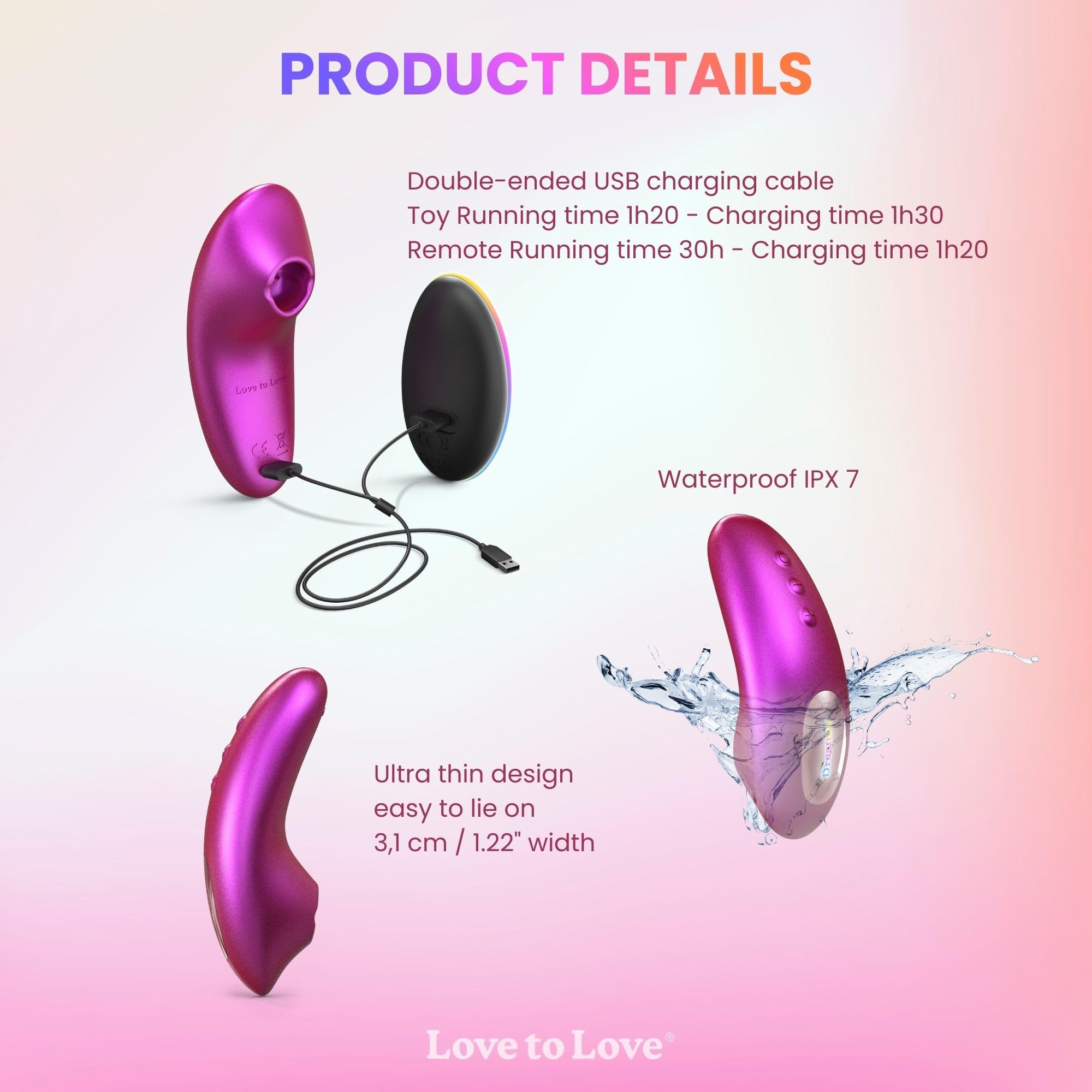 Love to Love Dreamer stimolatore clitorideo – ultra sottile con Flapping Design, modalità Sense Touch, telecomandato, LED, ricaricabile, impermeabile IPX7