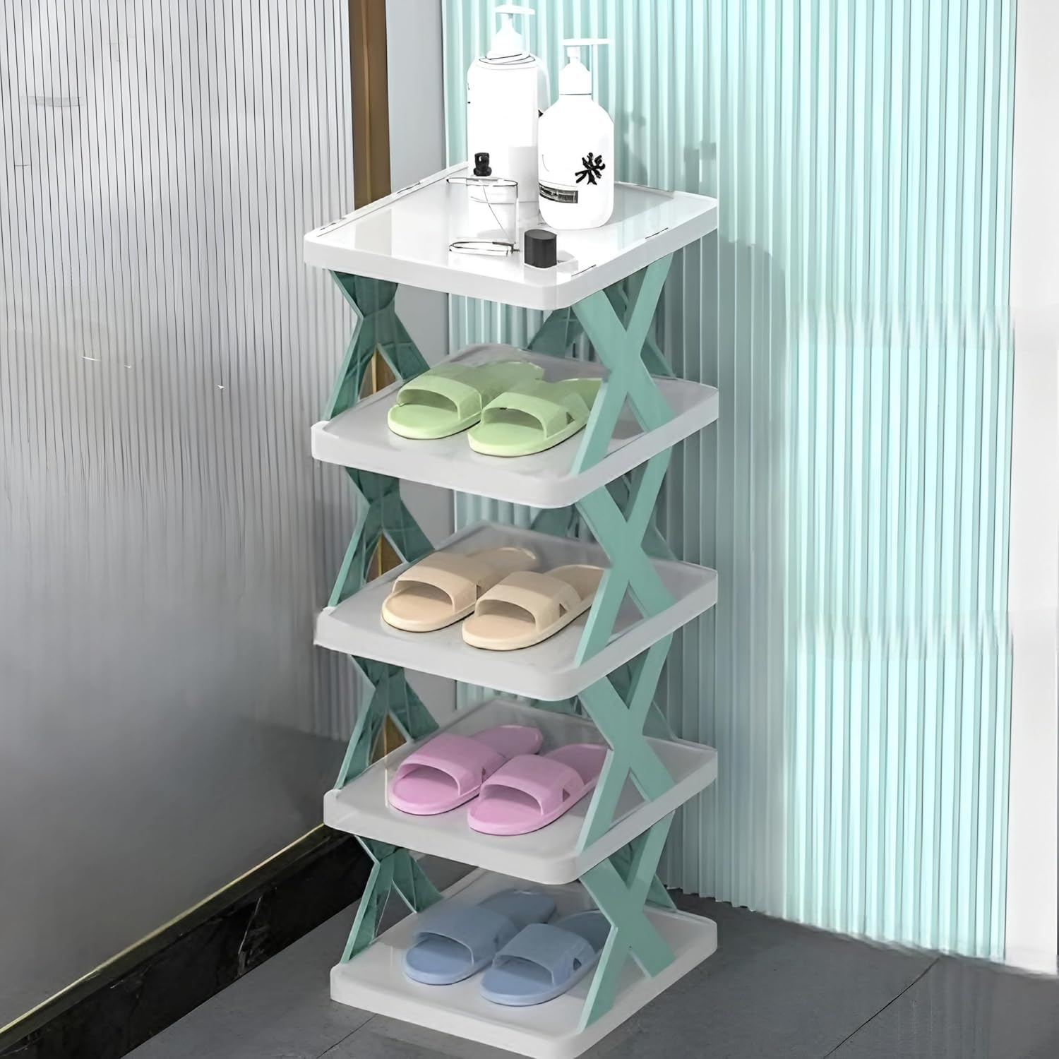 STELITE 5-Layer Plastic Shoe Rack for Home | Stackable & Adjustable Foldable Shoe Organizer Shelf | Space-Saving Storage Stand with Book & Shoe Slots (Green, Medium)-image-37