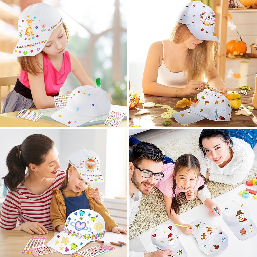 LoNinLoAn Czapka z daszkiem do graffiti, zestaw do majsterkowania, 6 sztuk, biała czapka dla dzieci, do malowania, czapka bejsbolowa dla dzieci, z 4 naklejkami z kamieniami szlachetnymi | Malowanie DIY czapka baseballowa z 4 naklejkami z kamieniami szlach