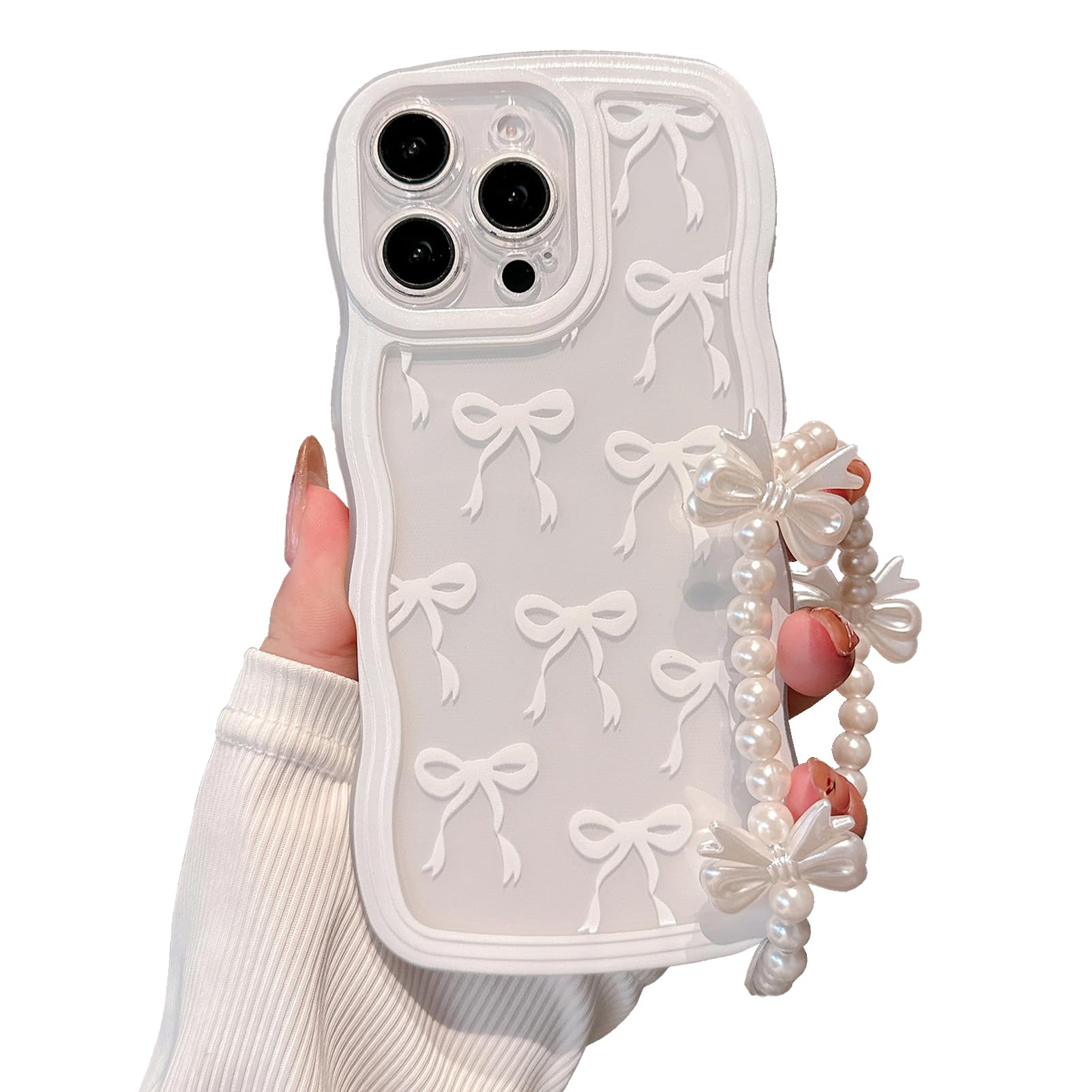 rozouai Compatible for iPhone 15 Pro Max Case for Women Girls,Cute Bowknot Pattern Curly Wave Wavy Frame Shape Shockproof Soft with Bowknot Bracelet