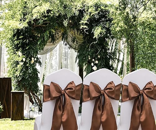 Miniatura 3 de Paquete de 50 cintas para sillas de color marrón satinado para Acción de Gracias, Halloween, otoño, boda, fiesta de cumpleaños, fajas marrones para