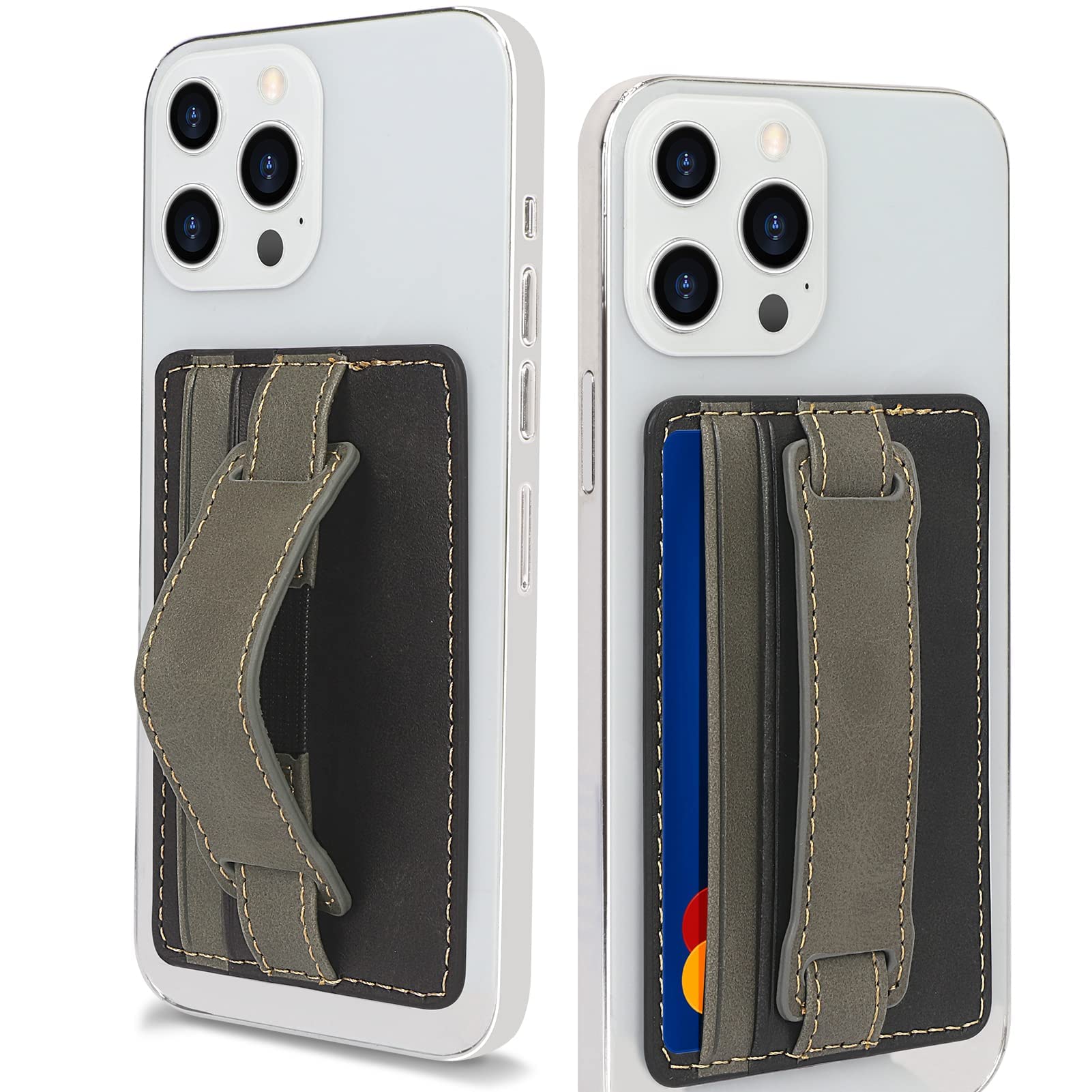 Card Holder for Back of Phone, Universal PU Self-adhesive Stand Credit Cards Holder Wallet with Finger Grip Strap for Cell Phone Smart Phone