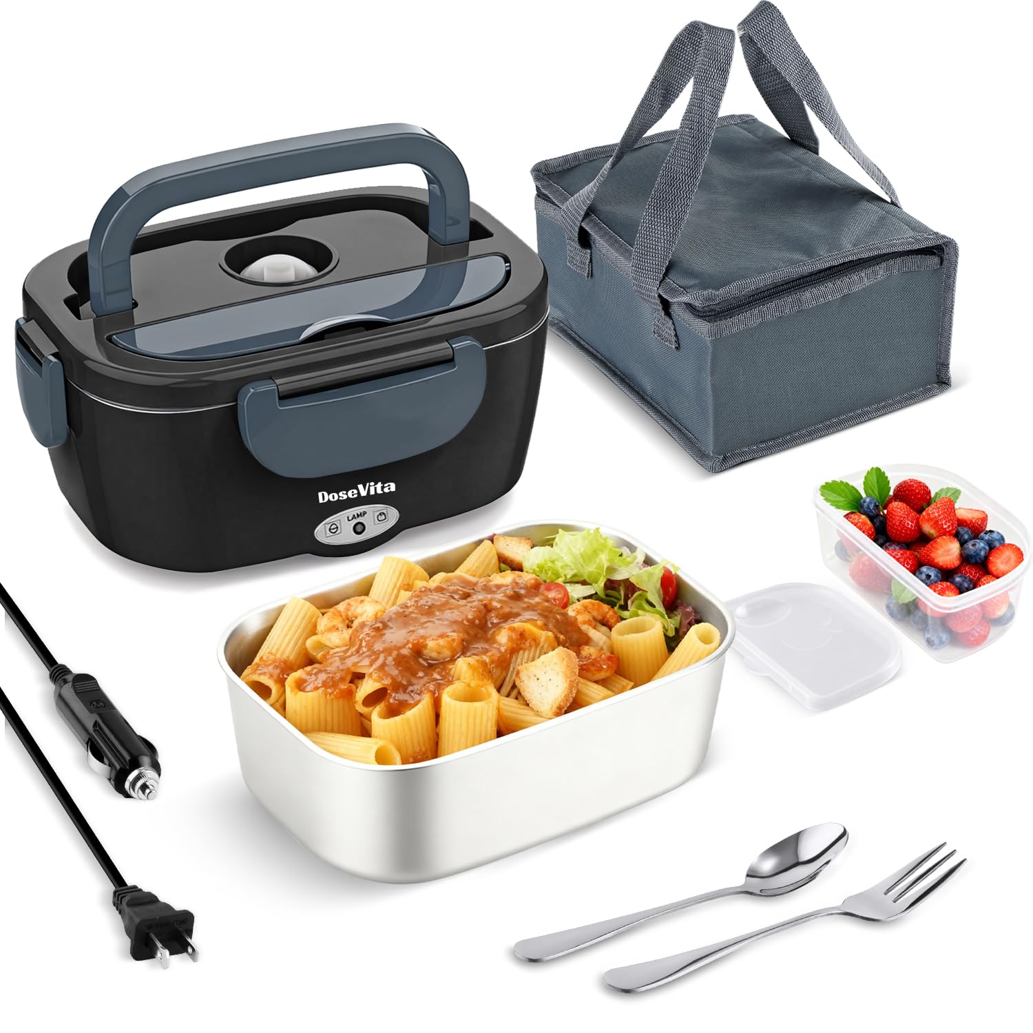 Electric Lunch Box for Adults, 80W Heated Lunch Box, 1.5L Stainless Steel Container | 12V/24V (Car/Truck) & 110V (Office/Home) | with Fork&Spoon and Insulated Carry Bag