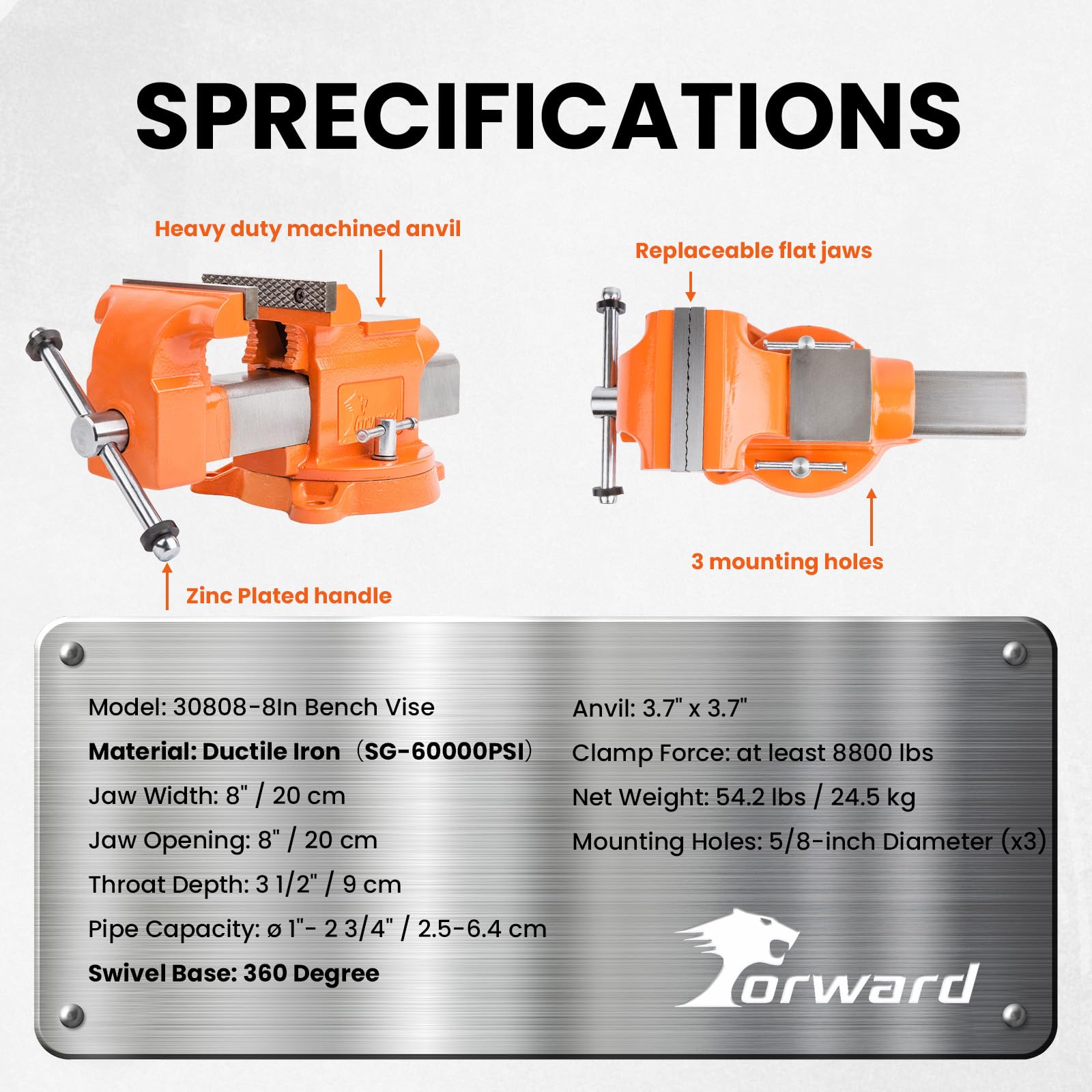 Forward Étau d'établi 20,3 cm en fonte ductile avec base pivotante à 360 degrés et barre de guidage en acier 30808 (20,3 cm)