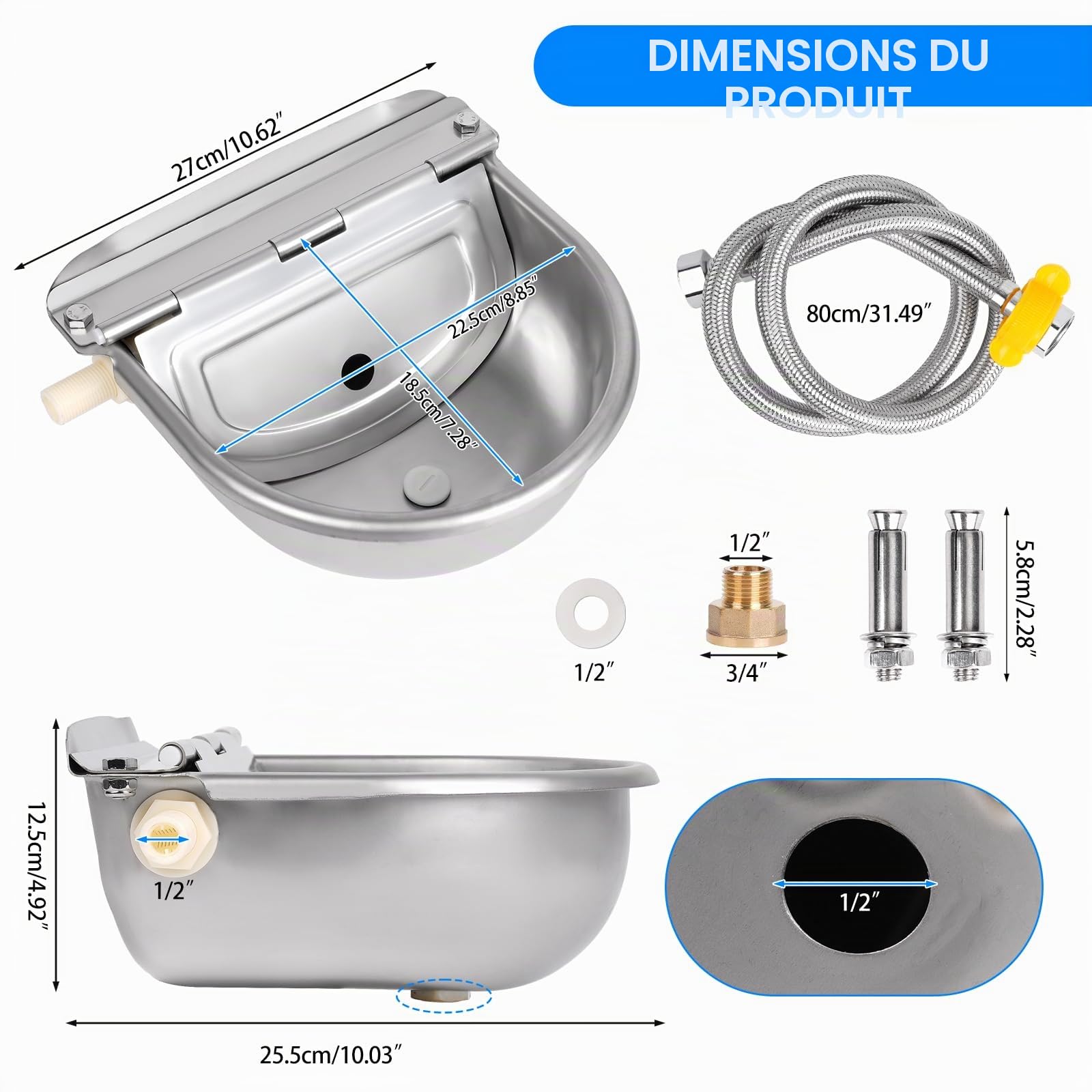 Abreuvoir en Acier Inoxydable avec Bouchon de Vidange, Connecteur, Tuyau Tressé et vis de Montage, Abreuvoir Automatique avec Valve à Flotteur pour Cheval Chien Bétail Chèvre Mouton Cochon