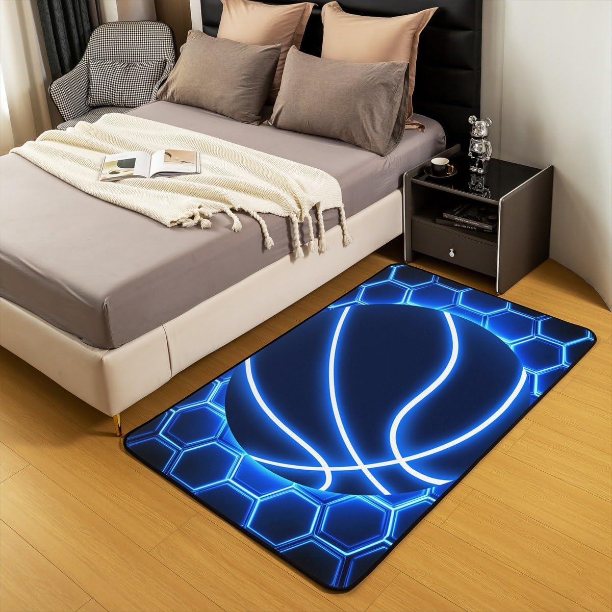 Castle Fairy Blue Basketball Area Rug 3'x5' Abstract Neon Light Honeycomb Grid Non Slip Rug for Kids Boys Teens Geometric Plaid Extreme Sports Style Indoor Floor Mat for Couch Bedroom