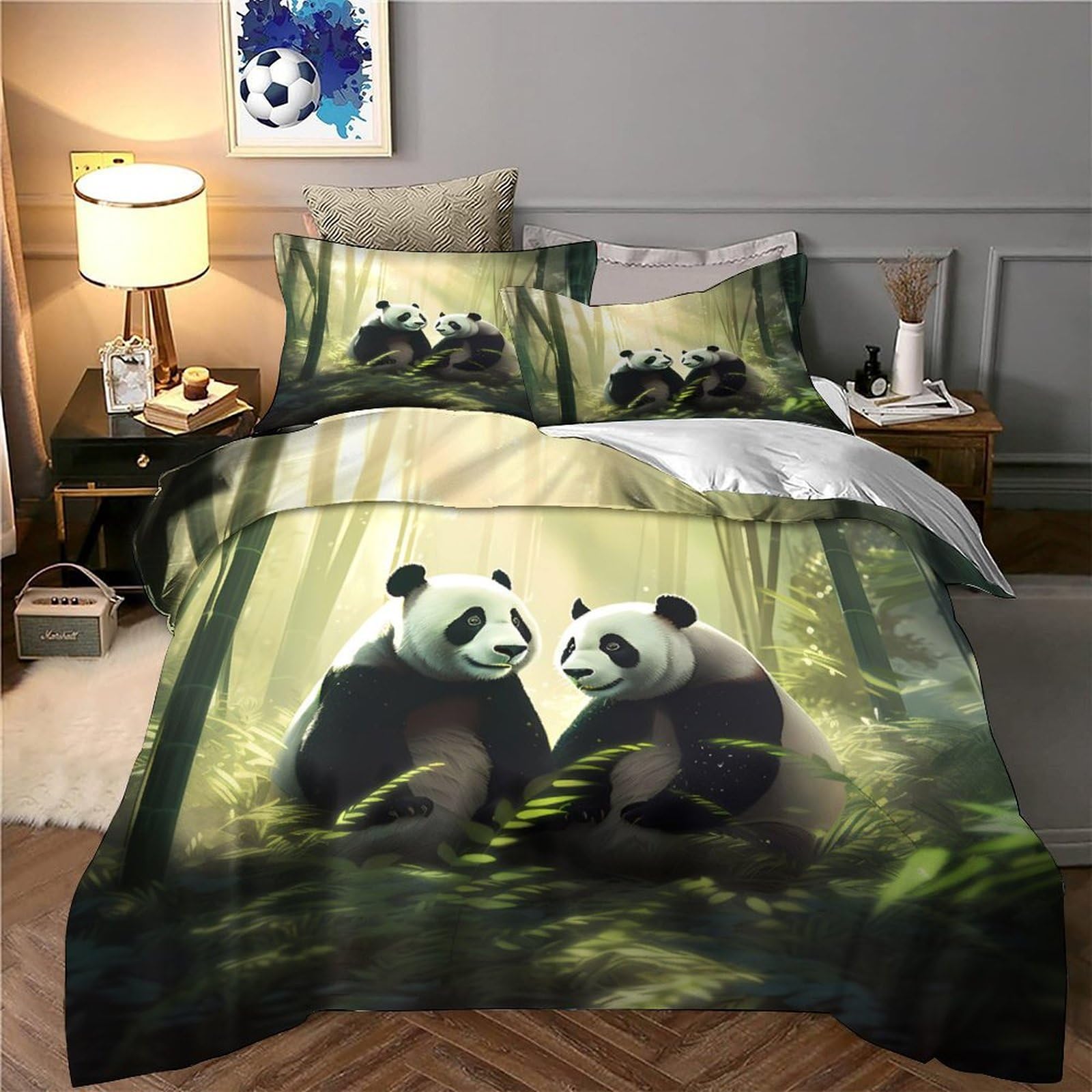 Panda-Pärchen 3D-Druck 3er-Set Steppbezug Waldszene-Kunst Bettdeckenbezug Mikrofaser Reißverschluss Atmungsaktiv für Jungen Kinder Frauen Super King（260x220cm）