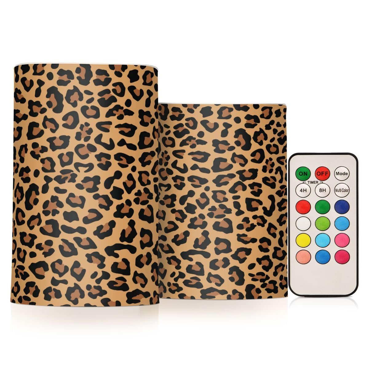 JUMBEAR LED Candles Set of 2, Stylish Leopard Print Flameless Candles 4" 5" Real Wax Battery Candle Pillars, 18 Key Remote Control with 24 Hour Timer Function