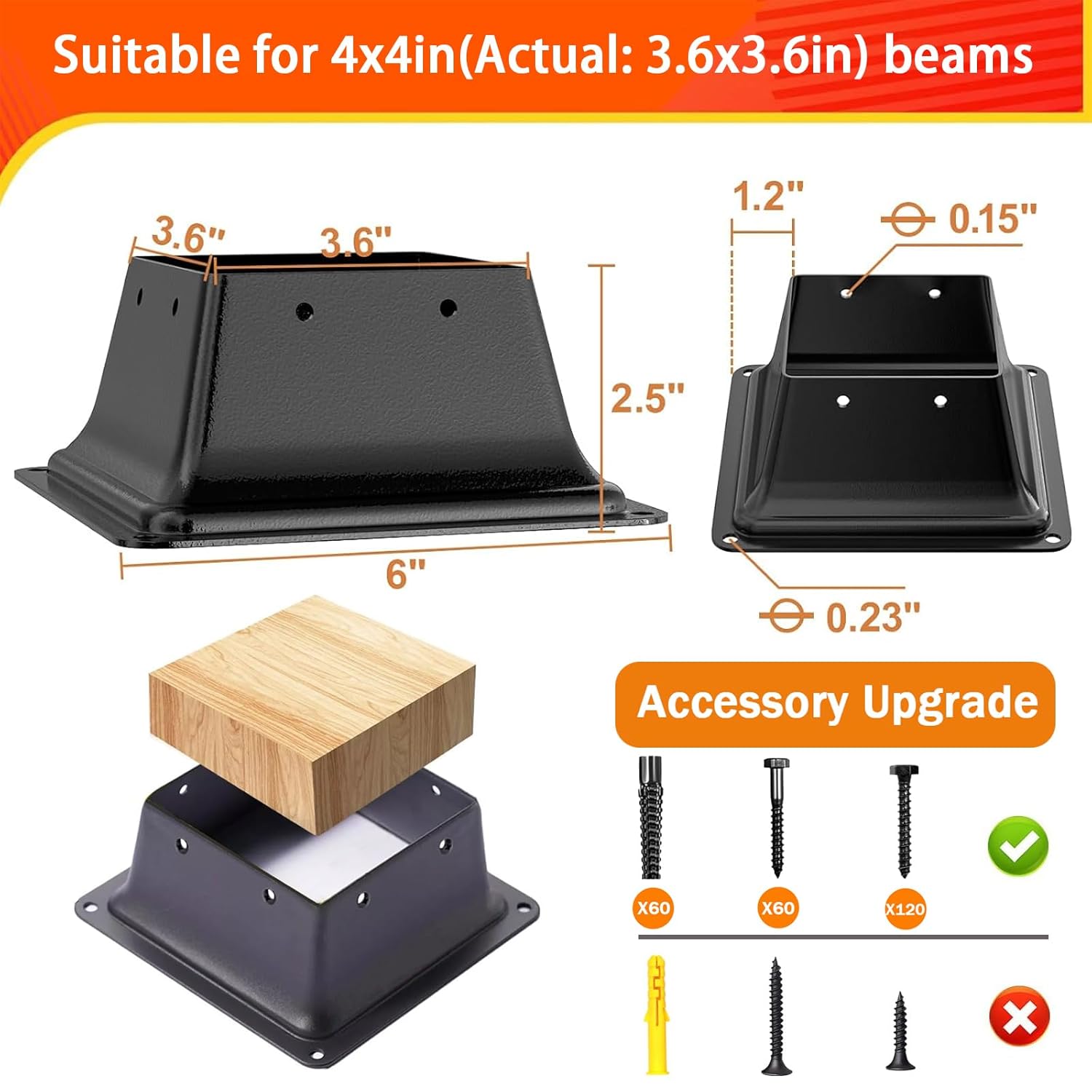 4x4 Post Base 15Pcs, Internal 3.6"x3.6" Heavy Duty Powder-Coated Steel Post Bracket Fit for Standard Wood Post Anchor, Decking Post Base for Deck Porch Handrail Railing Support 15 Pack