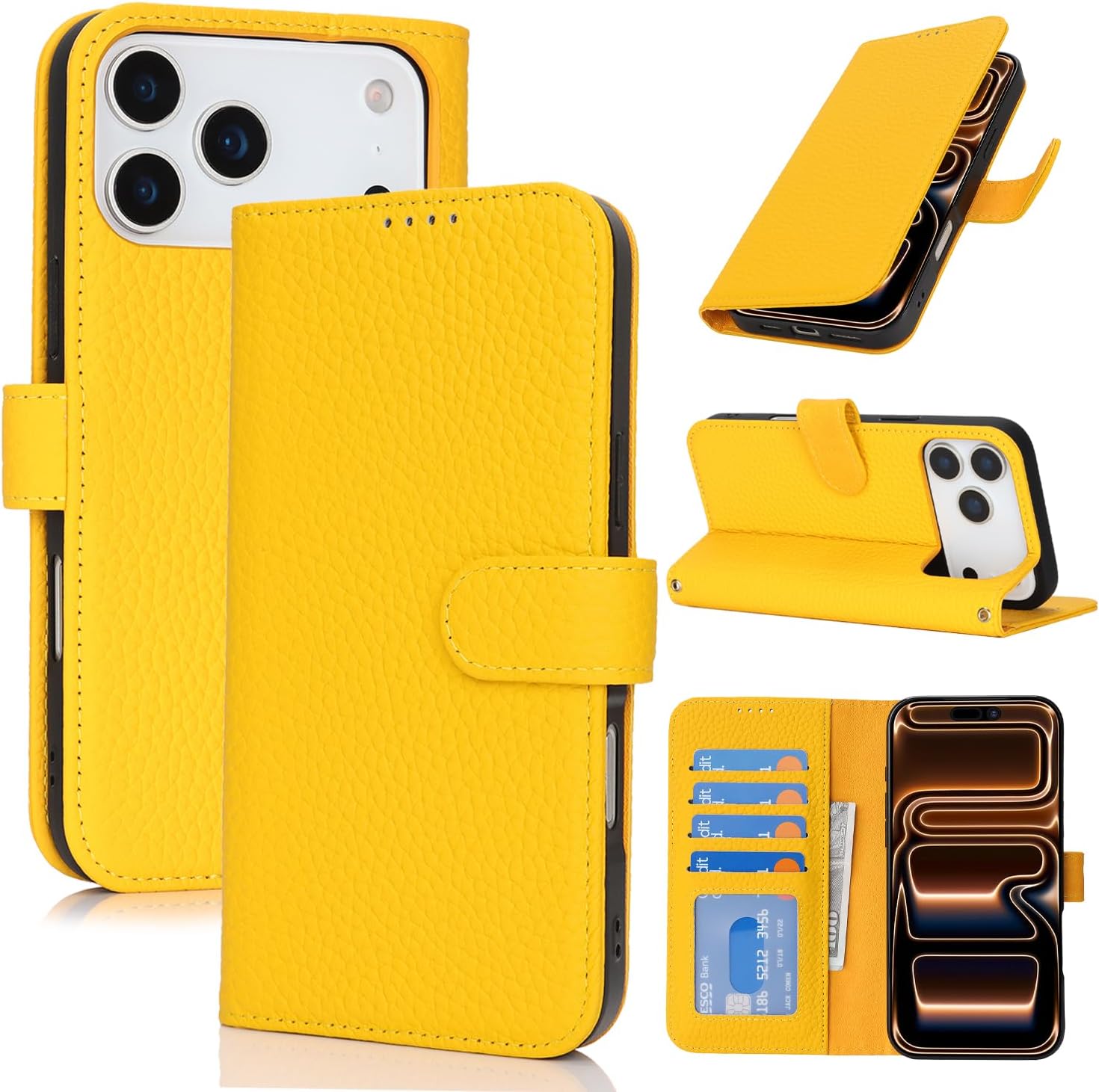 Zouzt Case for iPhone 17 Pro Max Genuine Leather Wallet Case with 4 Card Slot, RFID Blocking Card Holder Magnetic Flip Folio Shockproof Phone Cover Women Men for iPhone 17 Pro Max- Yellow