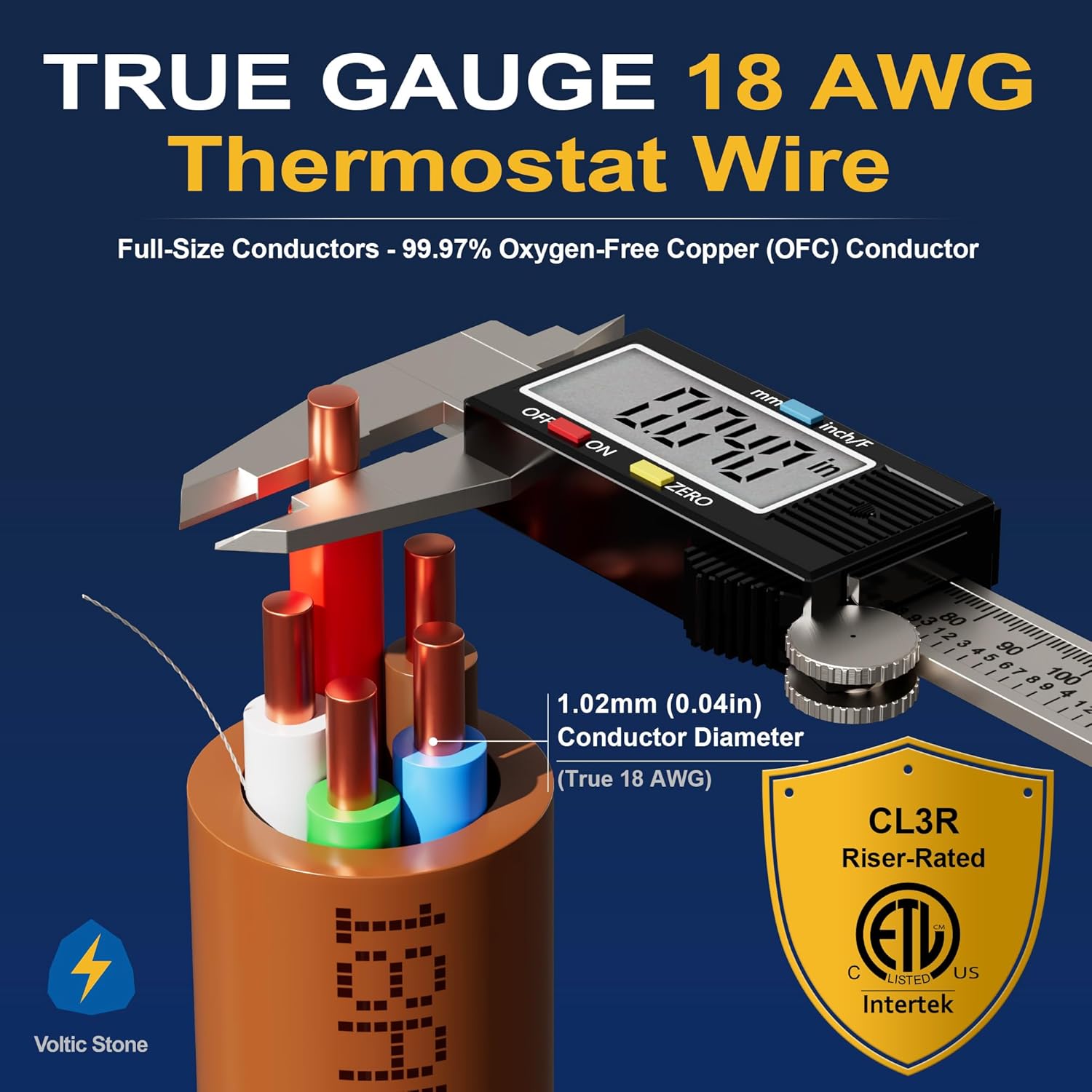 18/5 Thermostat Doorbell HVAC Wire, True Gauge 18 AWG 5 Conductor Solid Copper Control Cable, ETL Listed CL3R/CMR Riser Rated Flame-Retardant, RoHS, for 0-30V Low Voltage Systems - 100FT