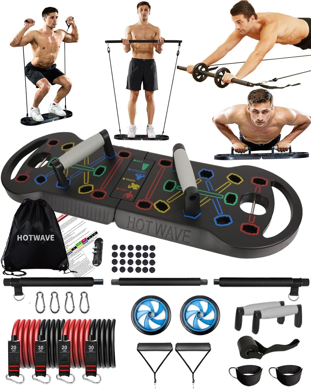 HOTWAVE Portable Exercise Equipment with 16 Gym Accessories.20 in 1 Push Up Board Fitness,Resistance Bands with Ab Roller Wheel,Home Workout for Men HOTWAVE Portable Exercise Equipment with 16 Gym Accessories.20 in 1 Push Up Board Fitness,Resistance Bands with Ab Roller Wheel,Home Workout for Men