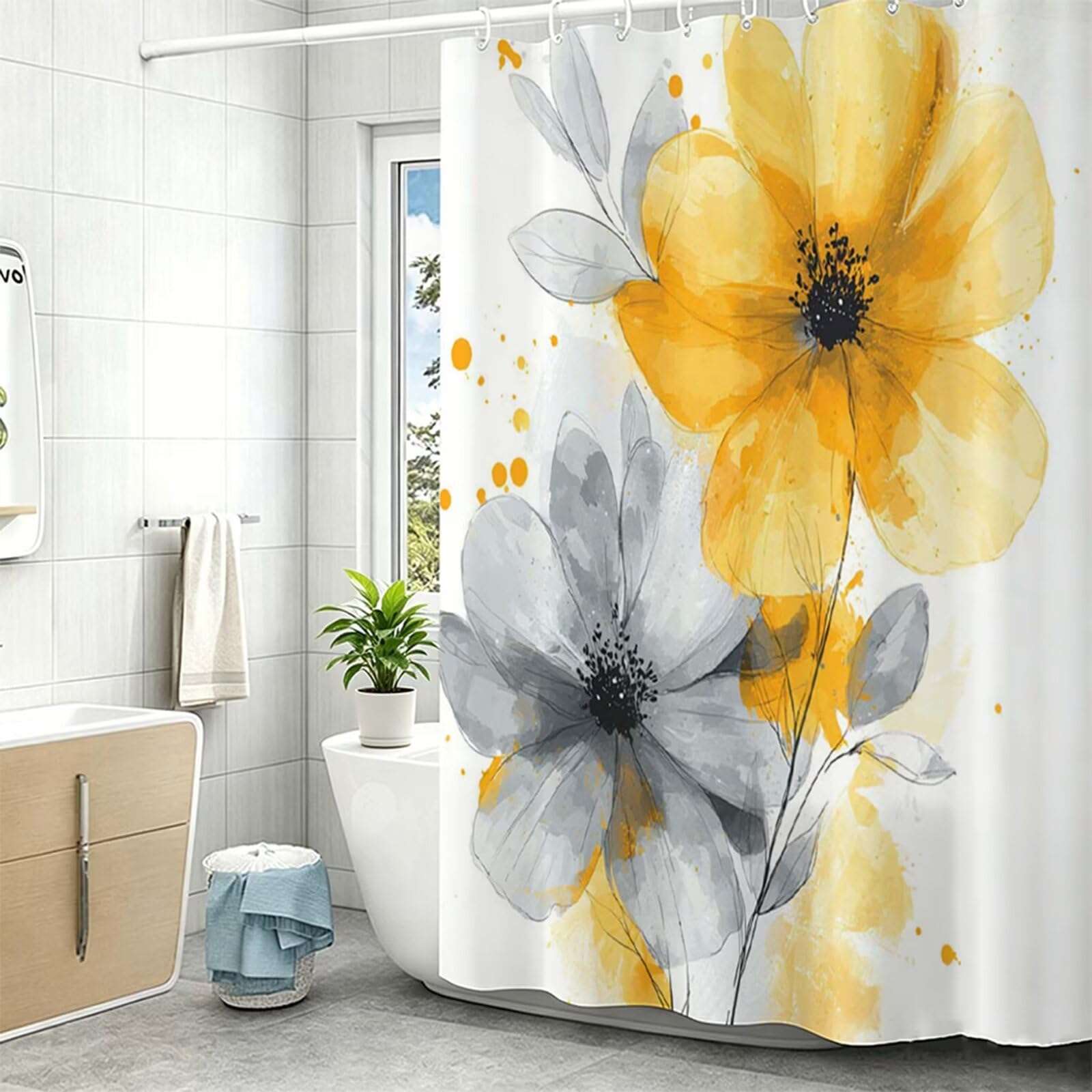 Cortinas de Baño 240x200cm, Poliéster Cortina Ducha Blanco crisantemo, con 12 Ganchos, Lavable a Máquina, Cortina de Ducha Secado Rápido, para Familia, Hotel, Duchas, Bañeras y Cuartos de Baño Z-193