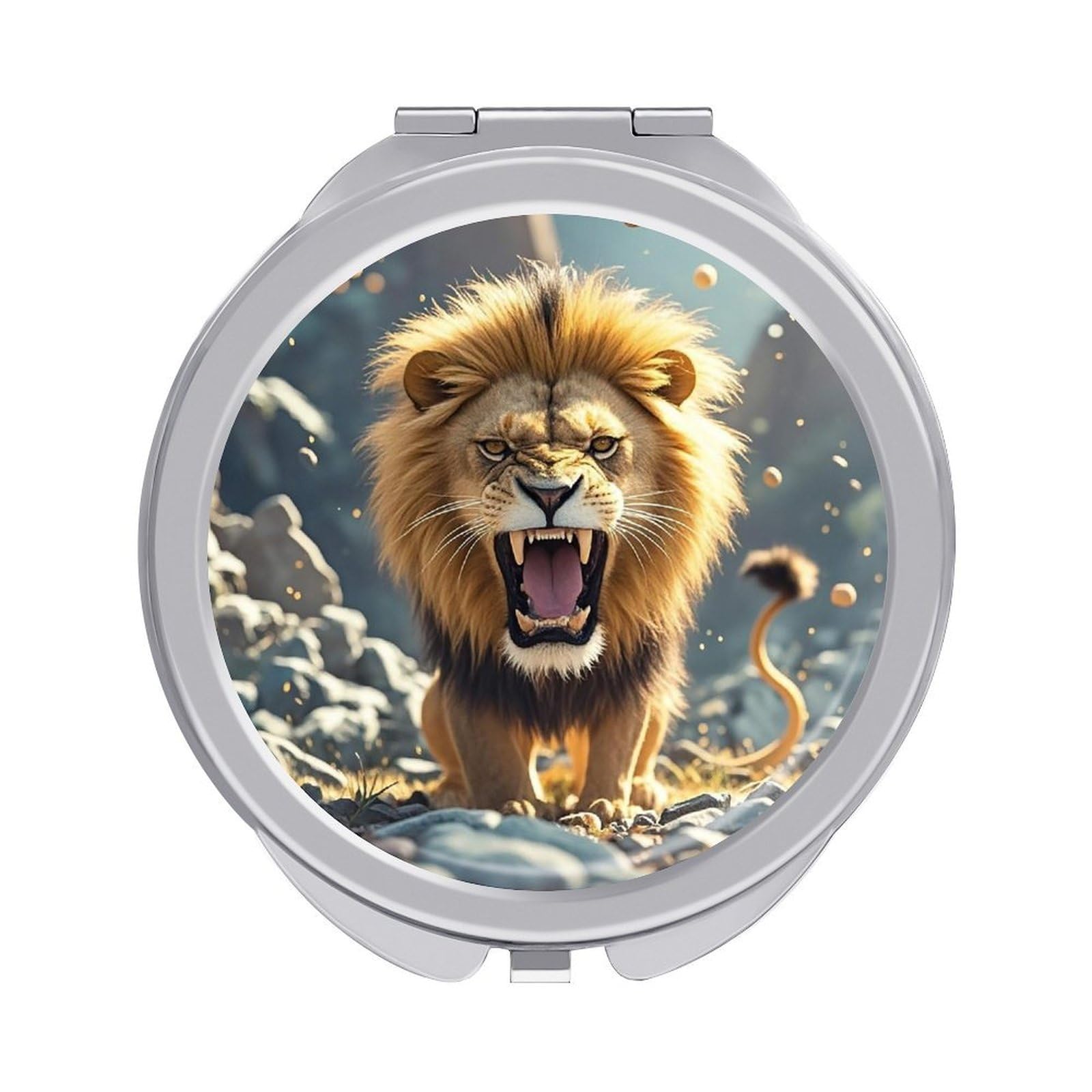 LZQPOEAS Angry Roaring Lion Travel Makeup Mirror 1X/2X Magnifying 2.4In Double Sided Metal Round Compact Mirrors Portable Mini Mirror for Purse, Pocket Folding Handheld for Women Gift