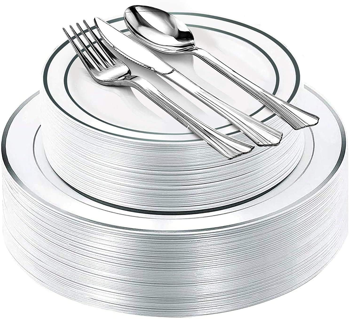 Fancy Disposable Plastic Plates with Cutlery 150 Piece Combo| 30x 10.25" + 30x 7.5" Real China Silver Rim Plates +30 Spoons +30 Forks +30 Knives Silverware for Party Wedding Events| Premium Heavy Duty