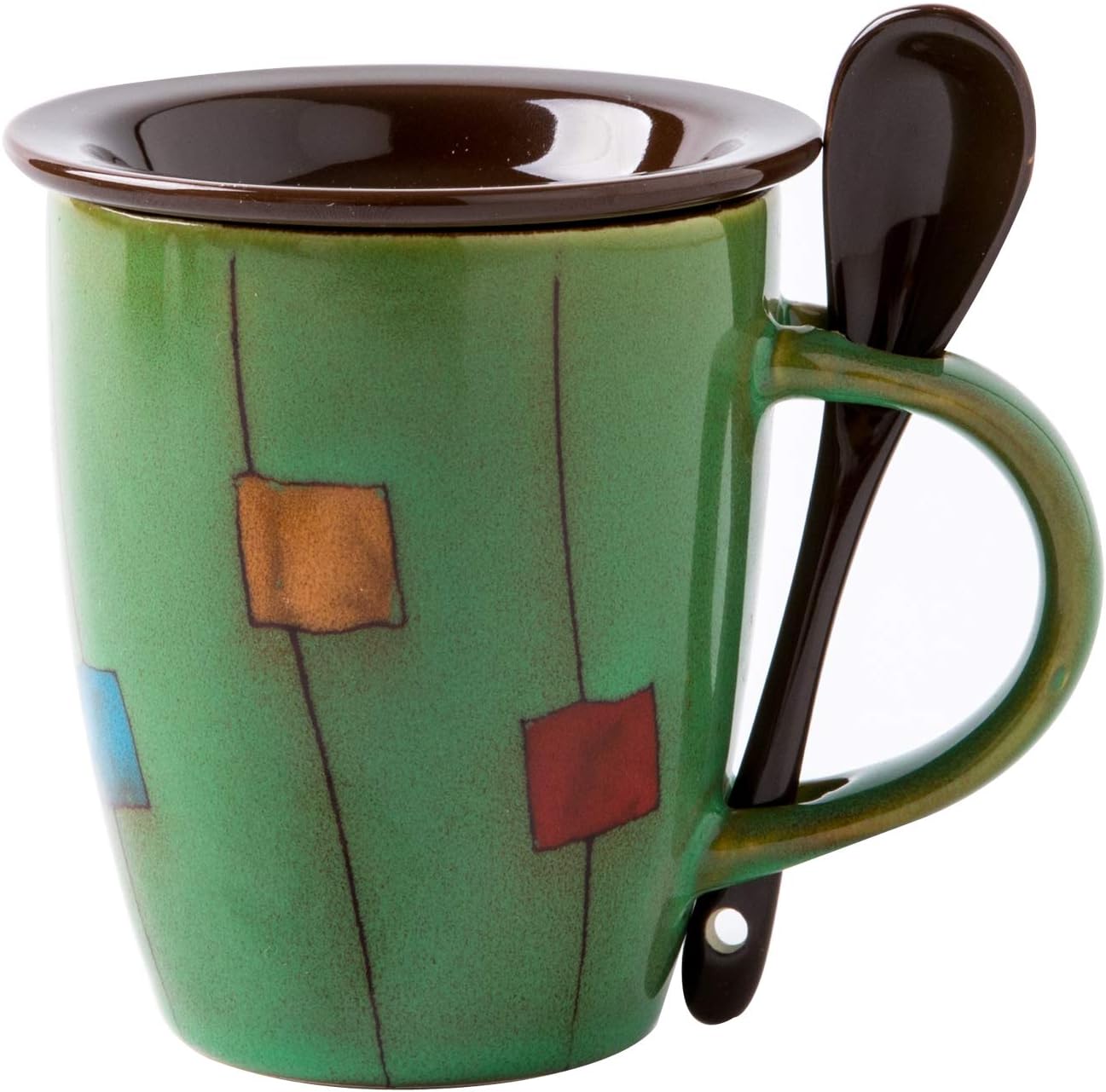 Verdental Coffee Mugs Ceramic Tea Cup with Spoon and Lid Retro Drum Shaped Novelty Mug Sets Green Office Mug Water Cup (Green)