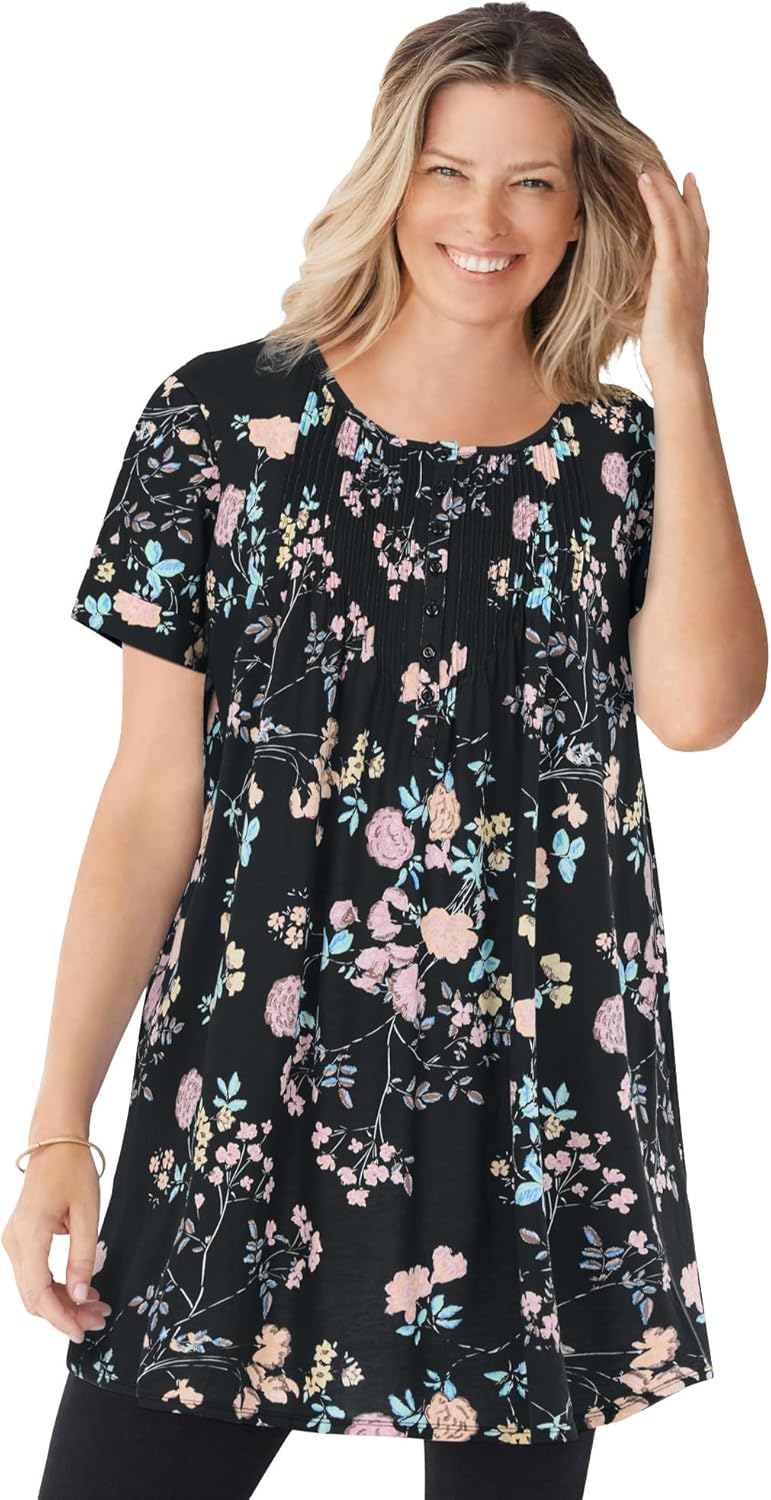 Woman Within Plus Size Short-Sleeve Pintucked Henley Tunic