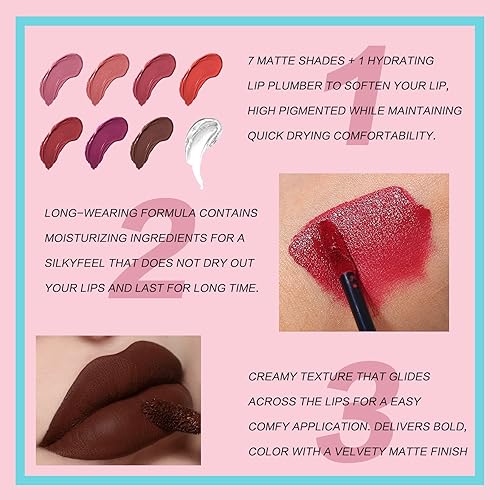 Miniatura 3 de QiBest Juego de 7 lápices labiales líquidos mate con 1 lápiz labial de fontanero brillante, de larga duración, alta pigmentación, aterciopelado,