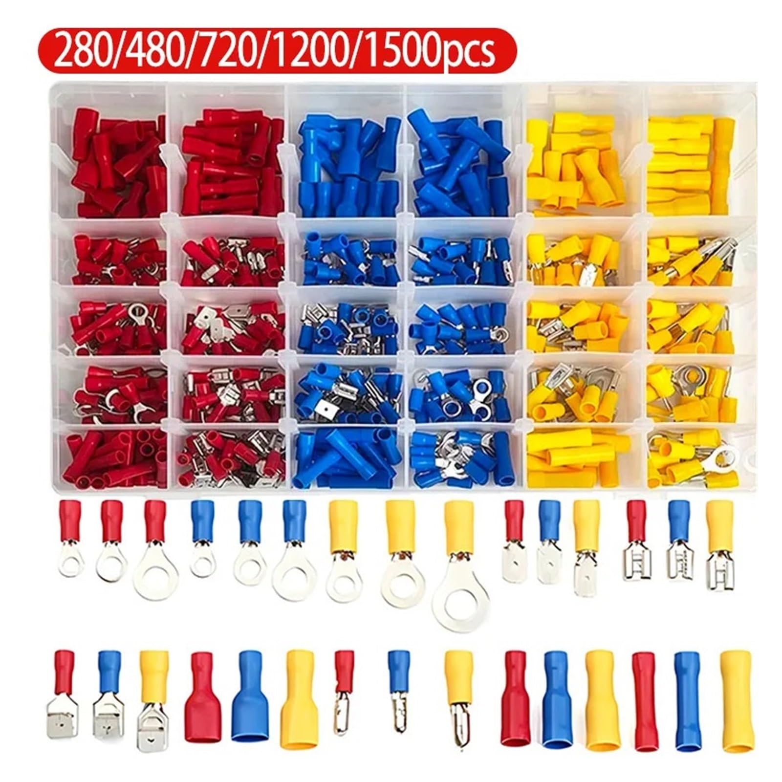 Verschiedene elektrische Crimp-Anschlussklemmen-Sets, 280/1500 Stück – kaltgepresste männliche und weibliche Schnellverbindungskabelschuhe(1500pcs)