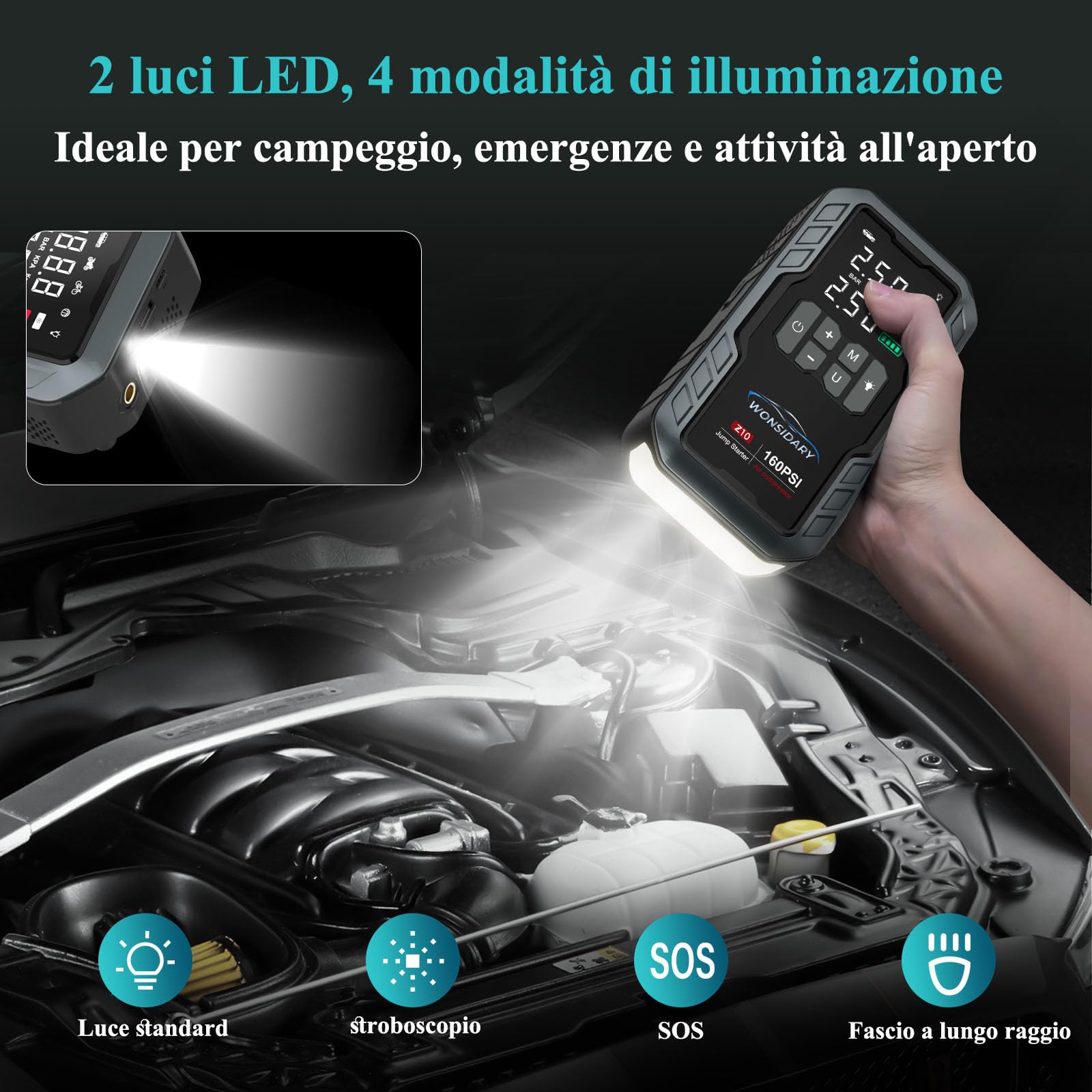 Booster Batterie Voiture 7000A avec 11,05 BAR/160 PSI Gonfleur de Pneus,27000 mAh Démarreur Batterie Voiture pour Tous Moteurs Essence/8.0L Diesel,4 Modes LED,Kit d’Urgence pour Hiver et Voyage