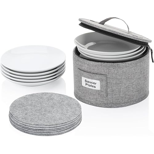 China Storage Container for Saucer, Bowls, and Appetizer Plates - Fit dishes up to 6.5" W - Includes 12 Felt Dividers - Stackable with Hard Shell on all sides and Interior Quilted Padding