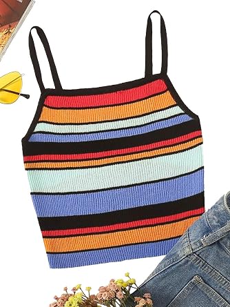 SweatyRocks Women's Sexy Strappy Crop Top Striped Print Ribbed Knit Cami Top