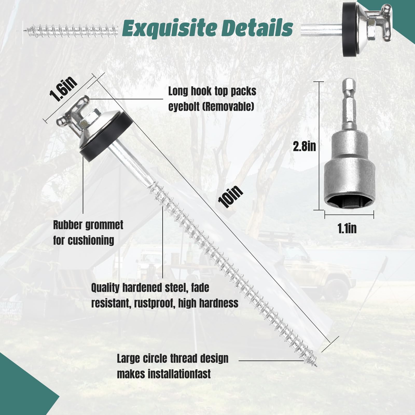 Zeltheringe aus gehärtetem Stahl, 25,4 cm, bohrbar, mit Gewinde, robust, gehärteter Stahl, Bodenheringe für Grasland, Garten, Zelte, Vordächer, Markisen, Camping, Reisen (Hex-Werkzeug und