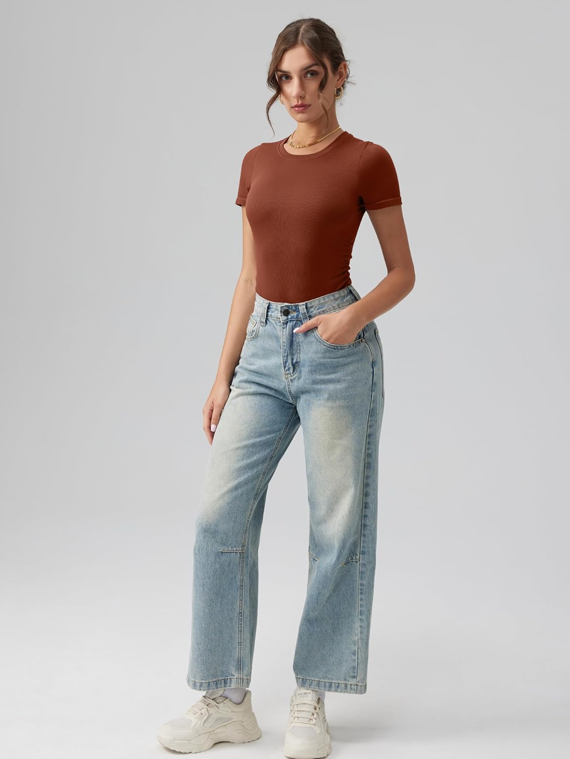 OQQ Women's Crew Neck Short Sleeve Bodysuit Ruched Stretch Vacation Basic for Tops Spring & Summer - Image 6