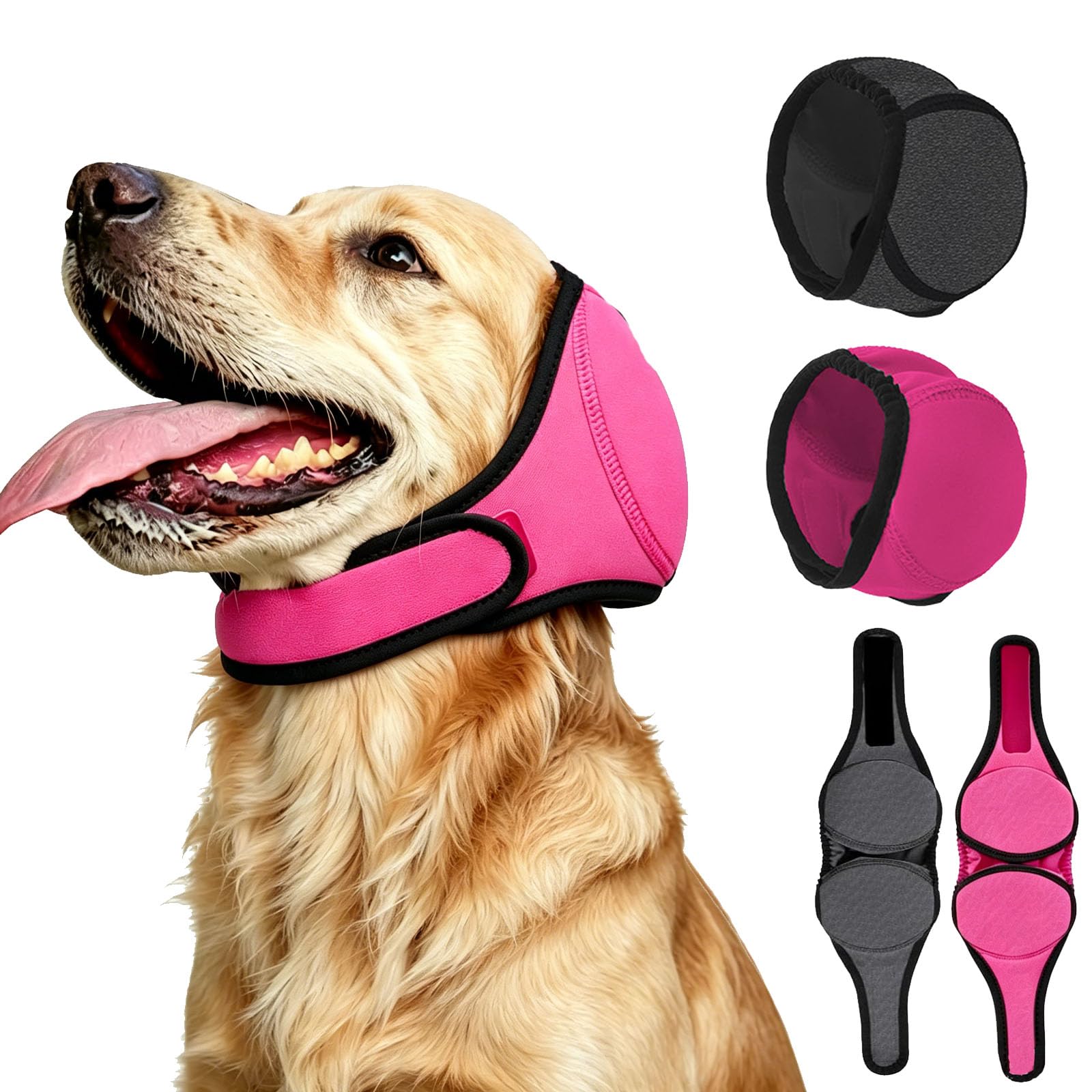 Noise Cancelling Ear Wrap, Adjustable Calming Dog Ear Muffs Noise Protection for Firework Bathing Blow-Drying (Black+Pink,S)