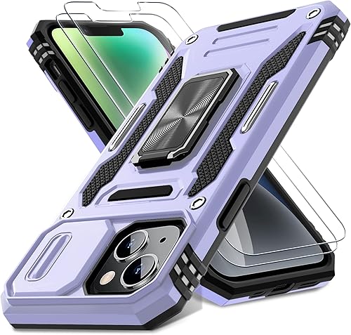 DEERLAMN Funda para iPhone 13iPhone 14 de 6.1 pulgadas con cubierta deslizante para cámara + protector de pantalla (2 unidades), soporte de anillo