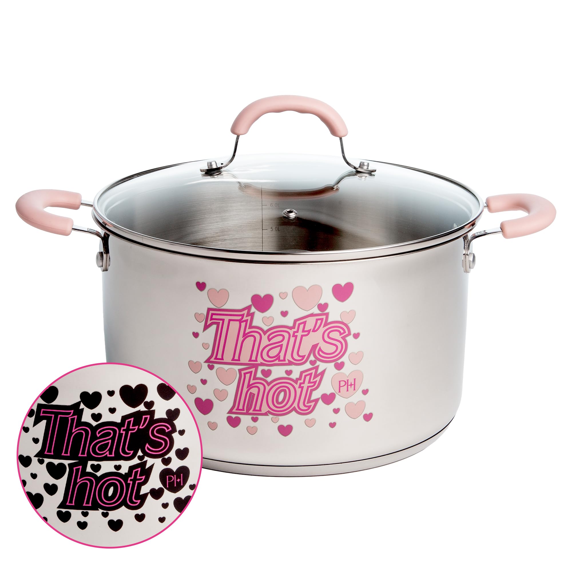 Paris Hilton Stainless Steel Stock Pot with Iconic Color Changing "That's Hot" Heat Indicator Decal, Features Soft Grip Handles and Measure Marks, 8-Quart, Pink