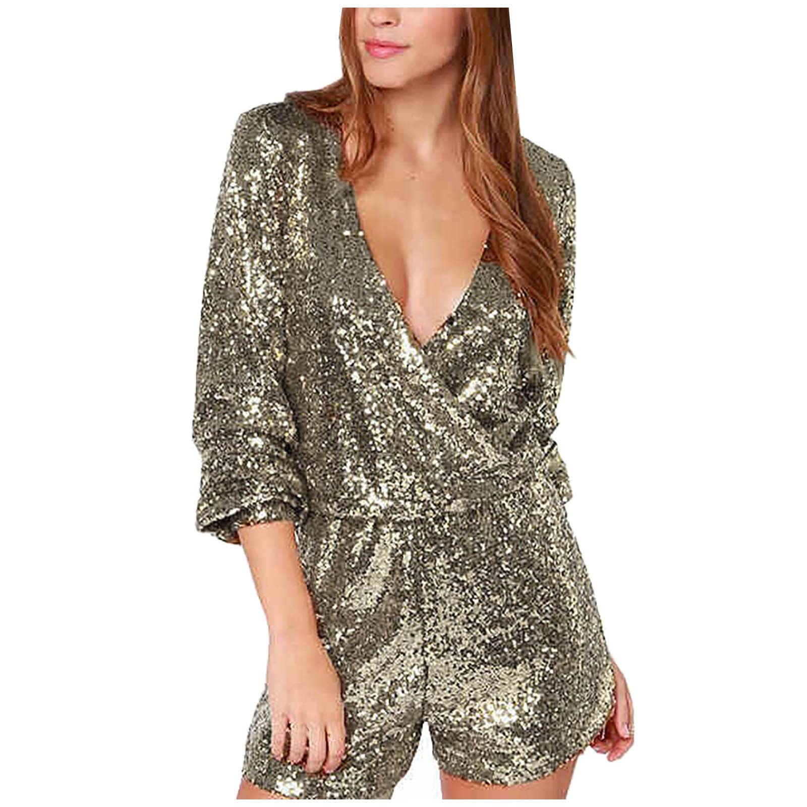 Sexy Sequin Jumpsuit Abba Outfits for Women Deep V-Neck Abba Fancy Dress Costume Fitted Waist Bodycon 70s Fancy Dress Women Disco Outfits Sparkle Glitter Rompers UK Size S-2XL Gold
