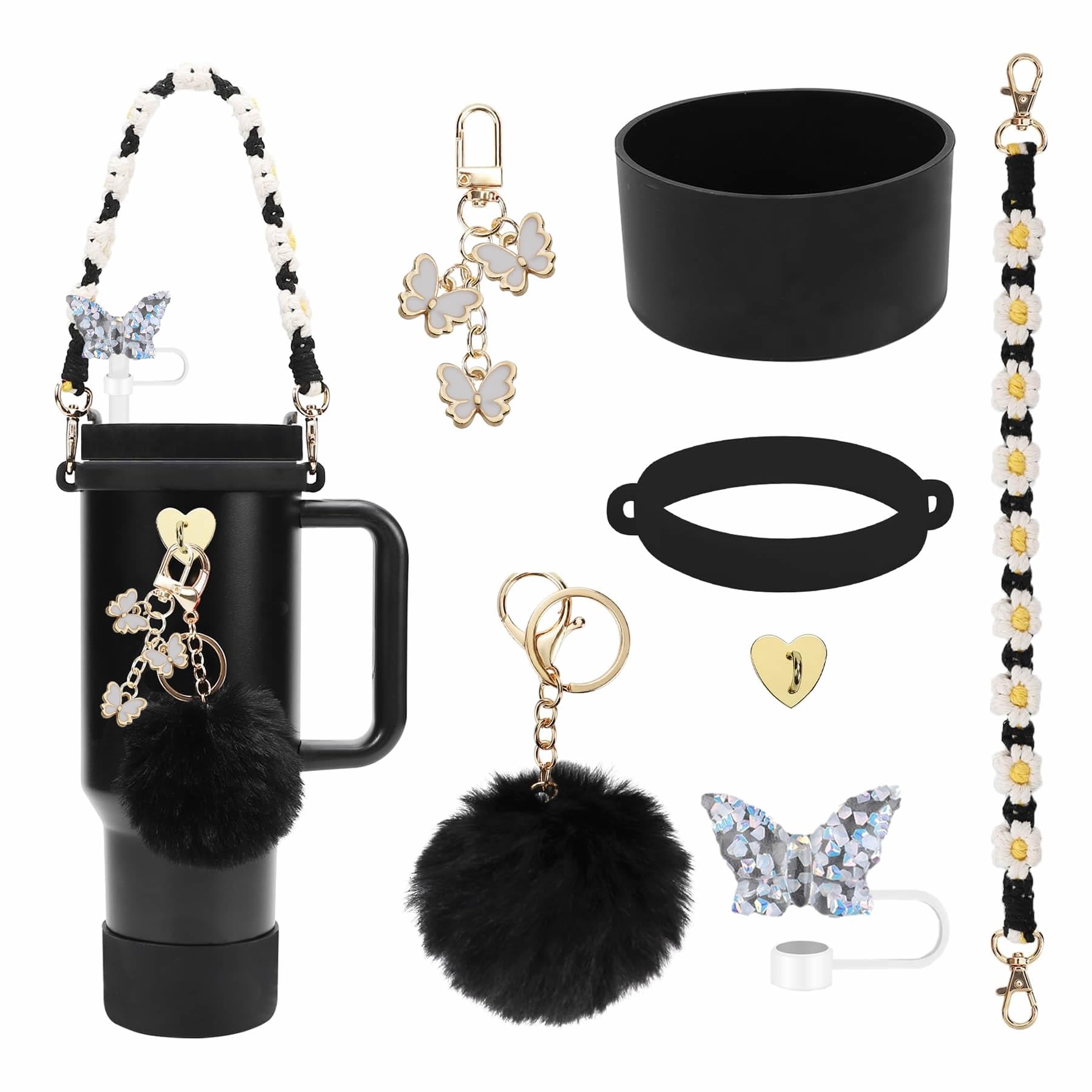 RNFVJH Accessories Set Including Water Bottle Handle Strap, Silicone Boot, Resin Butterfly Straw Cover, Straw Topper, Lip Balm Sleeve, Butterfly &