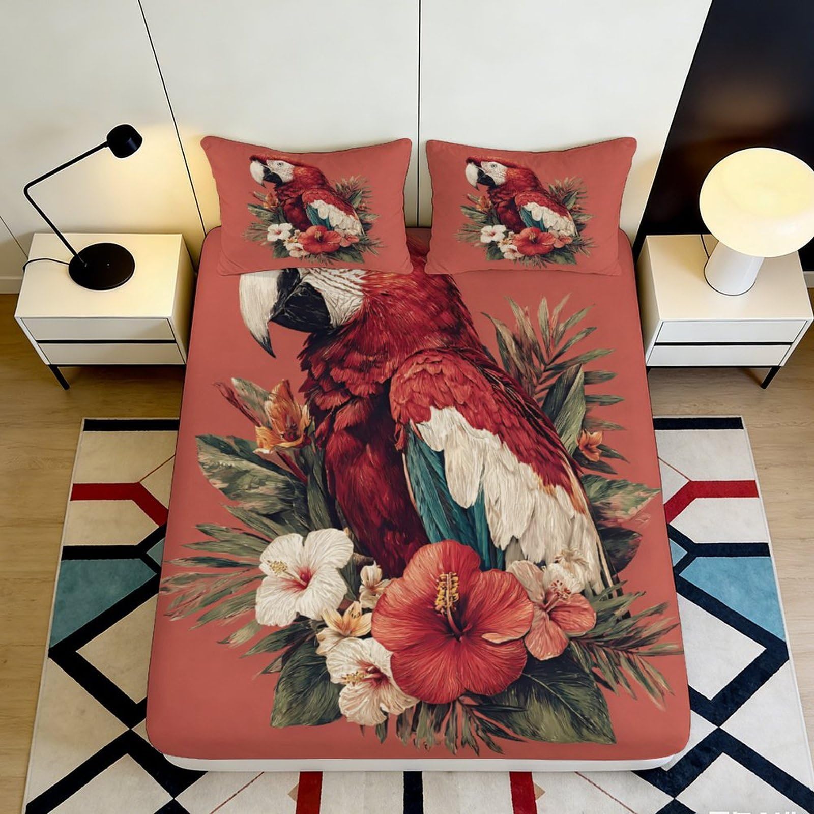 3D Printed Tropical Parrot Floral Fitted Sheet Microfiber Deep Pocket Non-Slip Bedding Set Tropical Parrot Mattress Fitted Cover 160x200x25cm