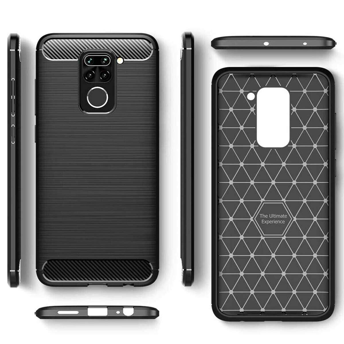 Schutzhülle + Hartglasfolie Für Xiaomi Redmi Note 9 – Schwarz, Carbon-Look, Stoßfest & Kratzsicher