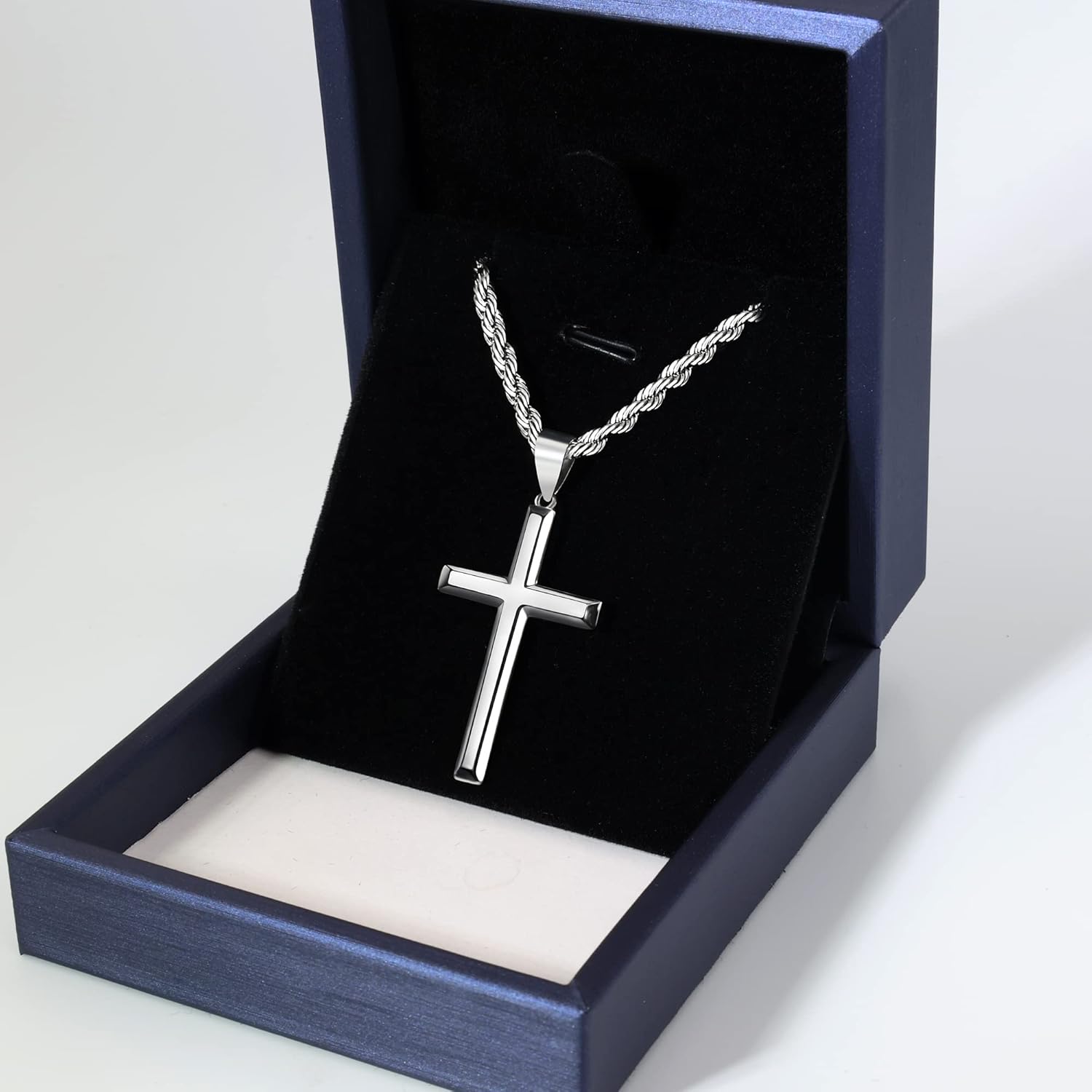 925 Sterling Silver Cross Pendant Necklace for Men Women with 3.5mm Stainless Steel Clasp Rope Twist Chain 18K White Gold Plated Highly Polished 16-28 Inches - Image 8
