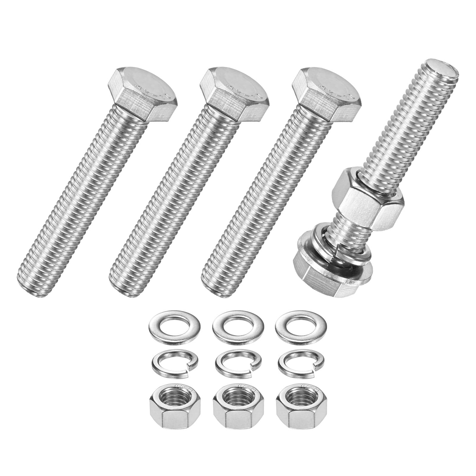 M METERXITY 4-Pack Hex Head Screw Bolt with Nuts Flat & Lock Washers M12x65mm Stainless Steel Bolts and Nuts Kit Fully Threaded Metric Bolt Assortment for Equipment/Machinery