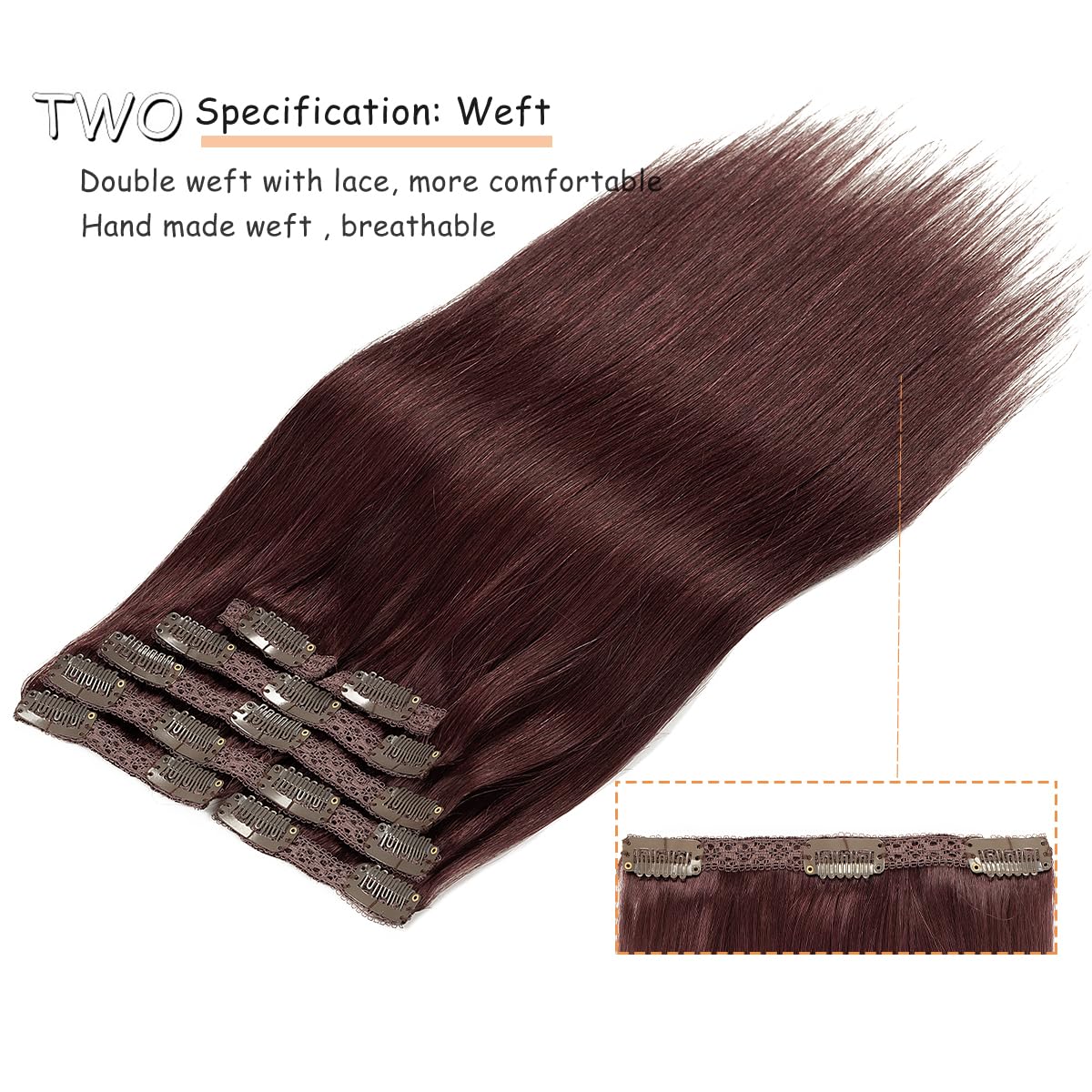 Caliee Clip in Hair Extensions Real Human Hair Burgundy Wine Red Color Double Weft Lace Invisible Silky Straight Hair Extensions Clip ins for Full Head 120G 14 Inch