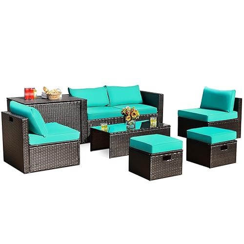 DUYHBAWRS 8PCS Patio Rattan Furniture Set Space-Saving Storage Cushion Turquoise