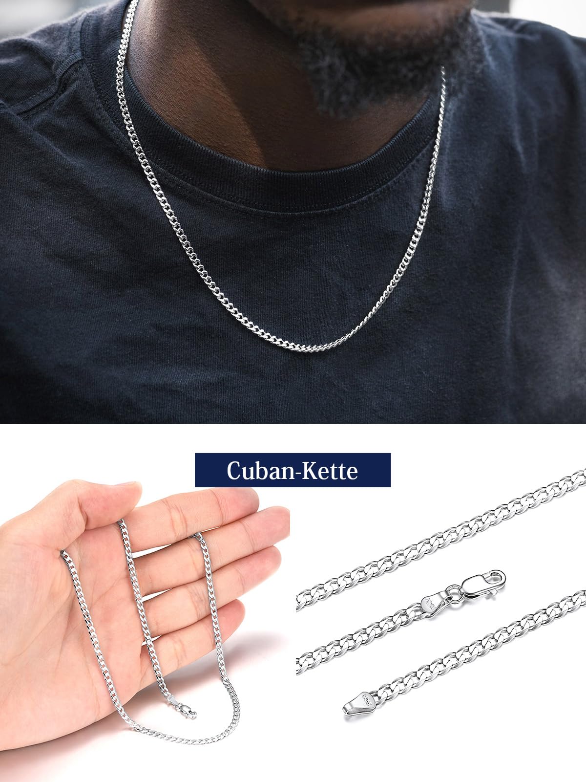 Suplight Panzerkette Herren 925 Silber Cuban Link Chain 3mm Breit 36cm lang