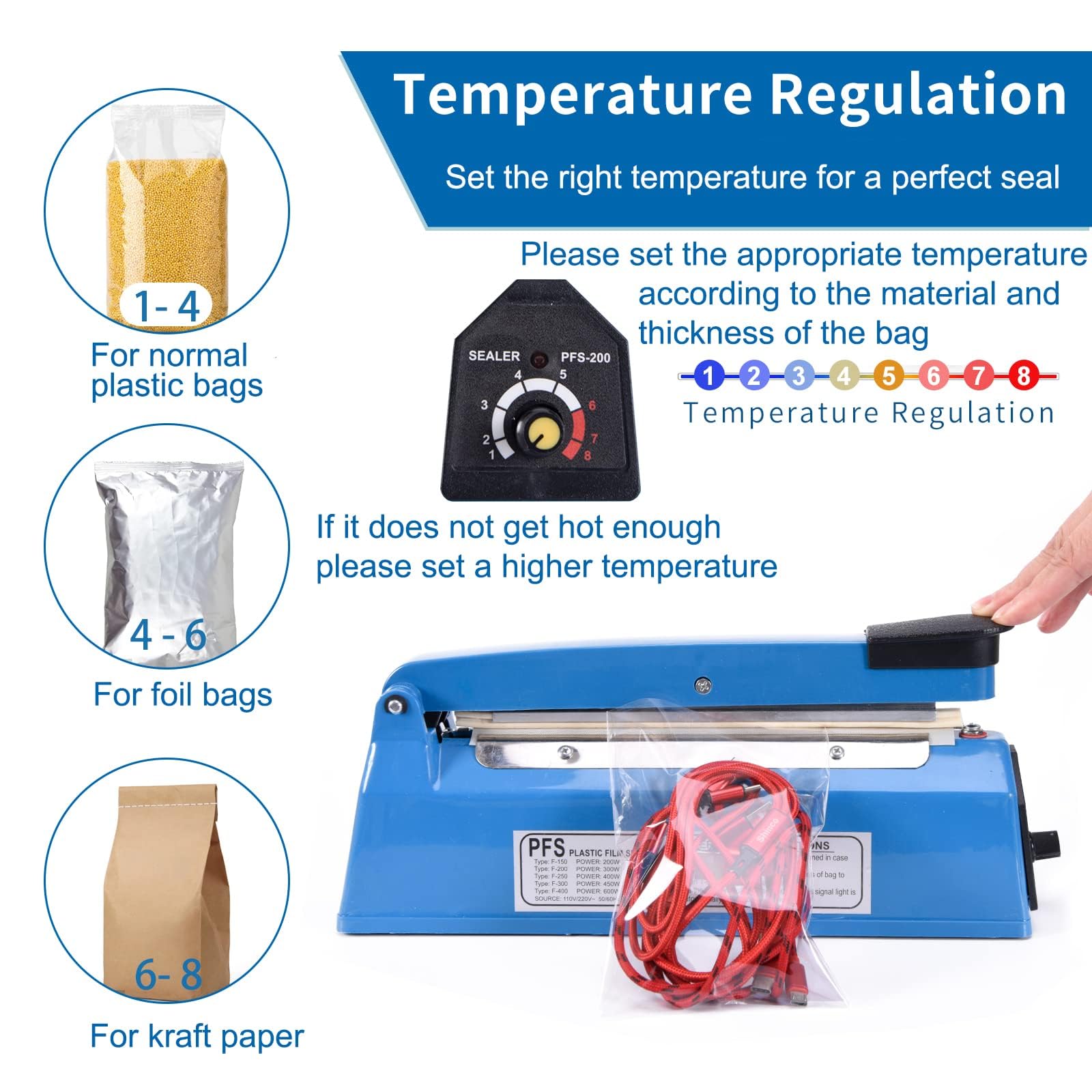 Apstour Scelleuse Thermique Soudeuse manuelle pour sachets plastique Manuel Sac d'étanchéité machine thermoscellage Impulse étanchéité machine pour PE PP en plastique Sacs