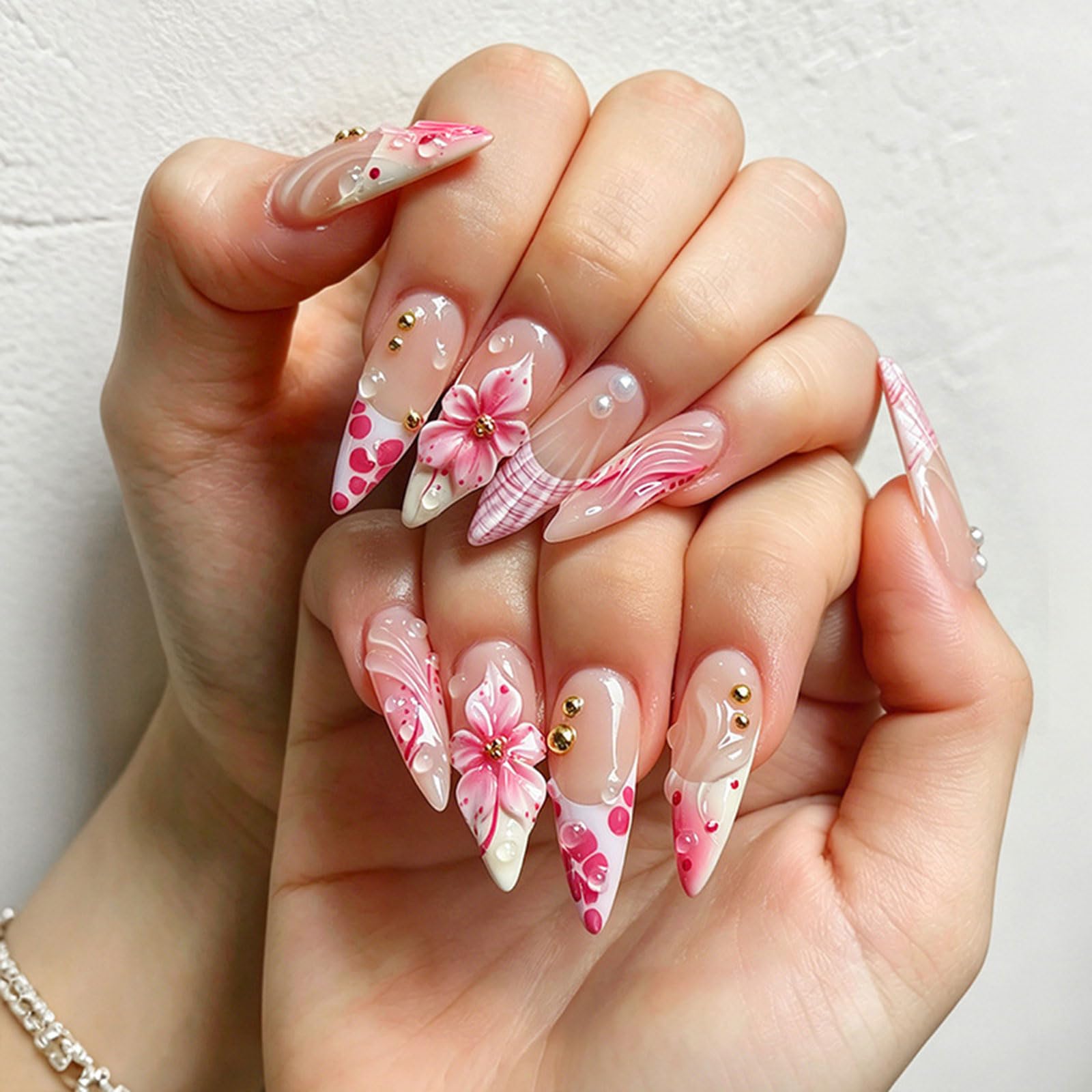 fexxkg Set with 3D Flower Detail, Nude Pink Gradient False Tips, Pearl Accent Artificial Nails Multi Size for