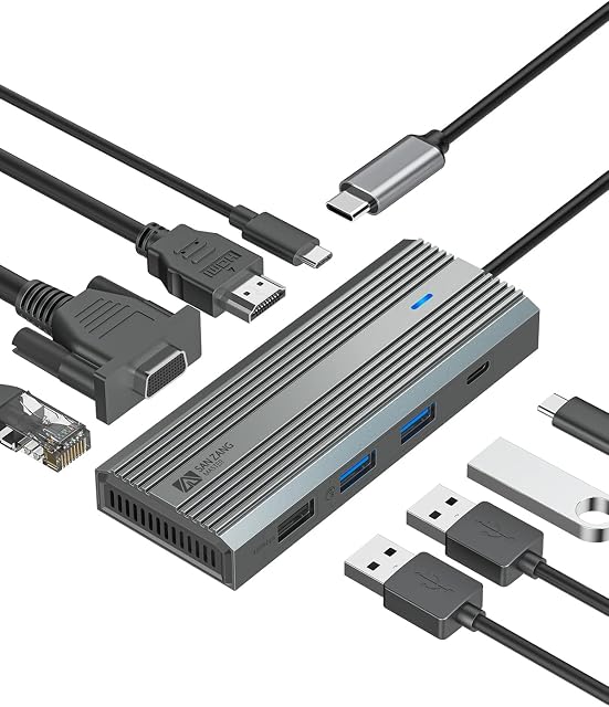 Hub 8 w 1 USB C, aluminiowa obudowa, adapter z HDMI 4K 60 Hz, VGA, typ C PD 100 W, port USB 3.0, port Gigabit Ethernet RJ45 1000 m, kompatybilny z MacBook Pro/Air, urządzeniami z większą ilością C