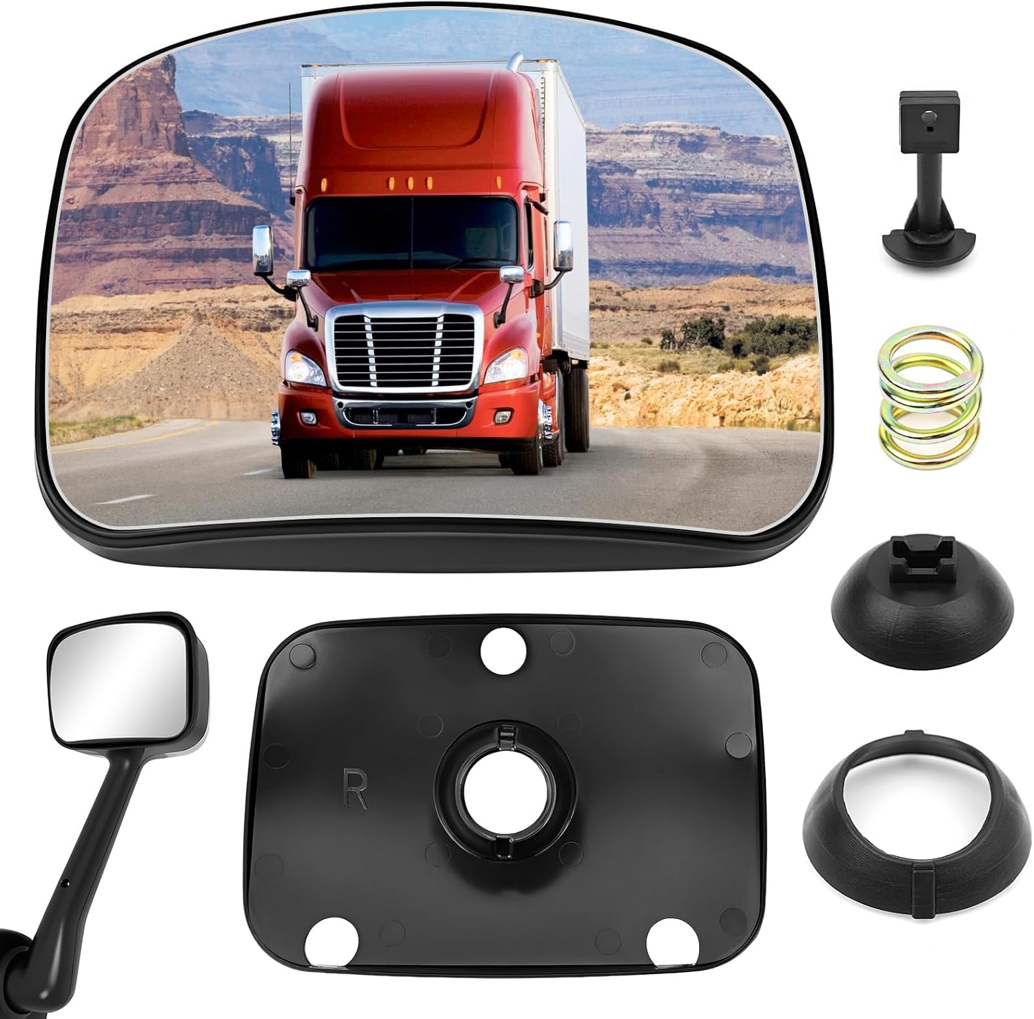 TOP-MAX Hood Mirror Glass Passenger Side Compatible with 2008-2017 Freightliner Cascadia, Semi Trucks Hood Mirror Assembly, Wide Angle Convex Glass with Backing Plate