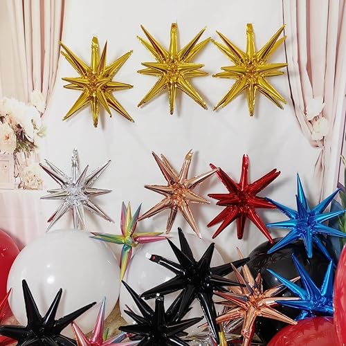Miniatura 5 de Paquete de 13 globos de estrella, 14 globos de aluminio de estrella de explosión siamesa en las esquinas, globos plateados de Mylar en 3D de 22